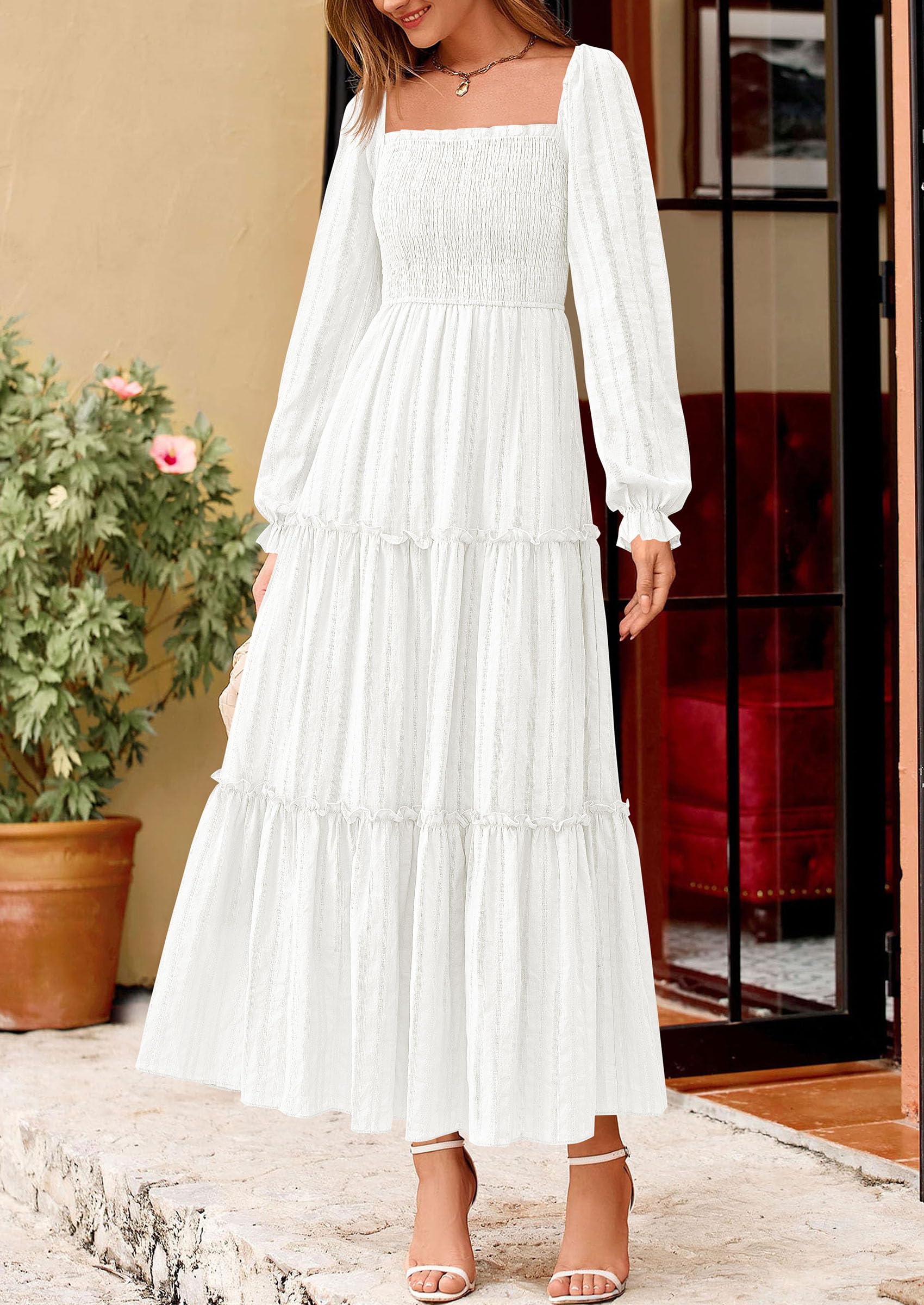Women's Long Sleeve Ruffle Flowy Maxi Dress,White,S