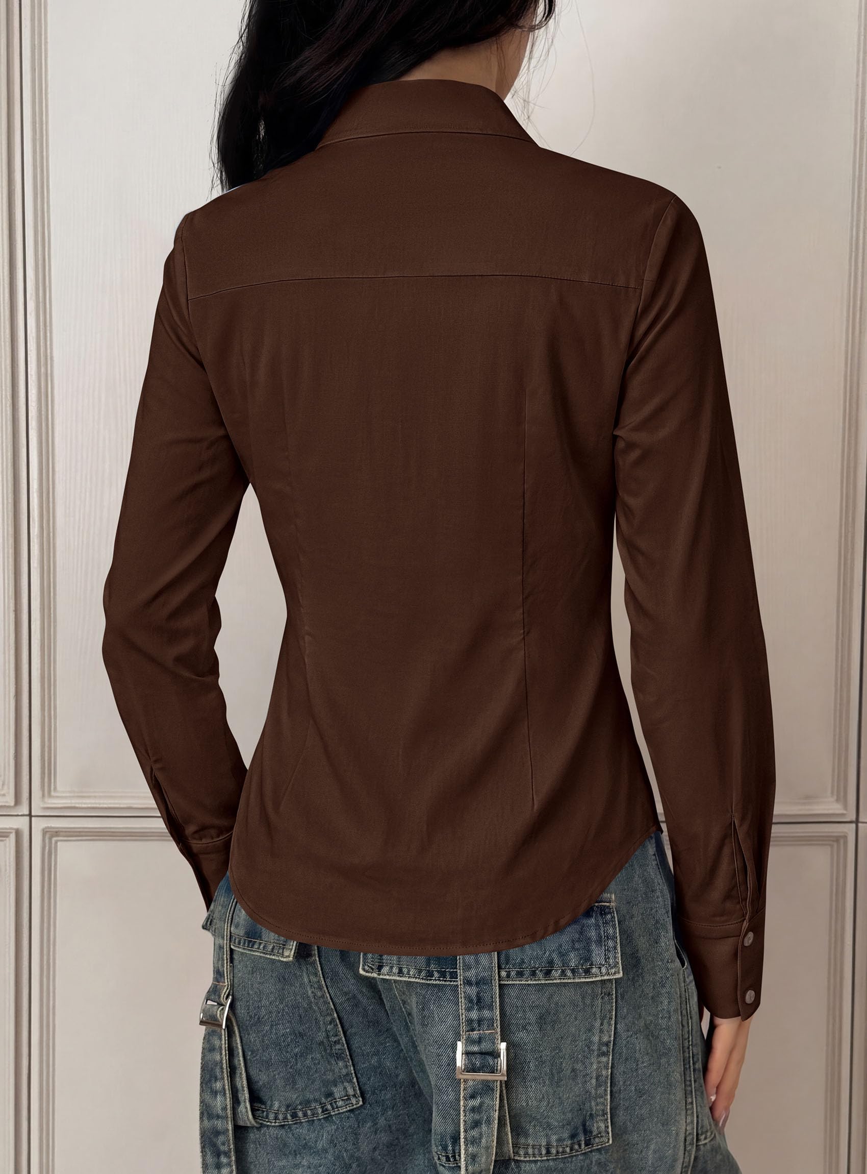 Womens Button Down Shirts Long Sleeve Blouse (Brown,S)