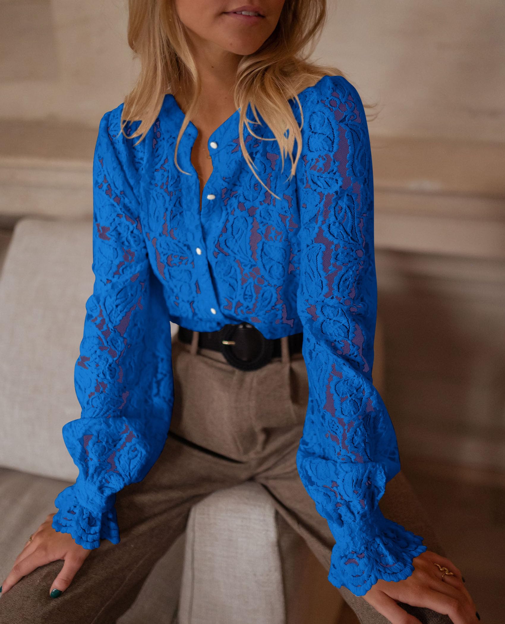 Women's Fall Trendy Long Sleeve Lace Tops(Blue,Small)