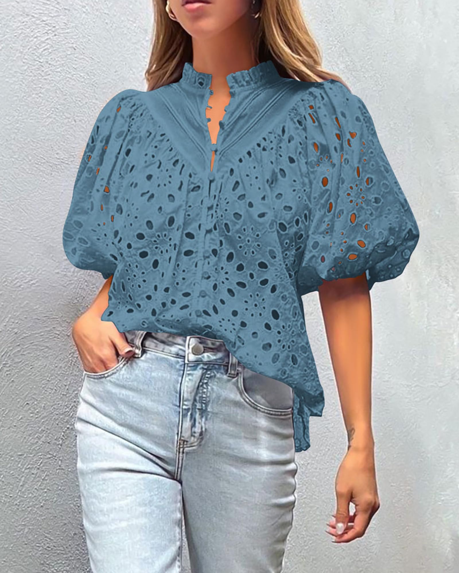 Womens Tops Boho Eyelet Puff Sleeve Blouse, Grey Blue,S