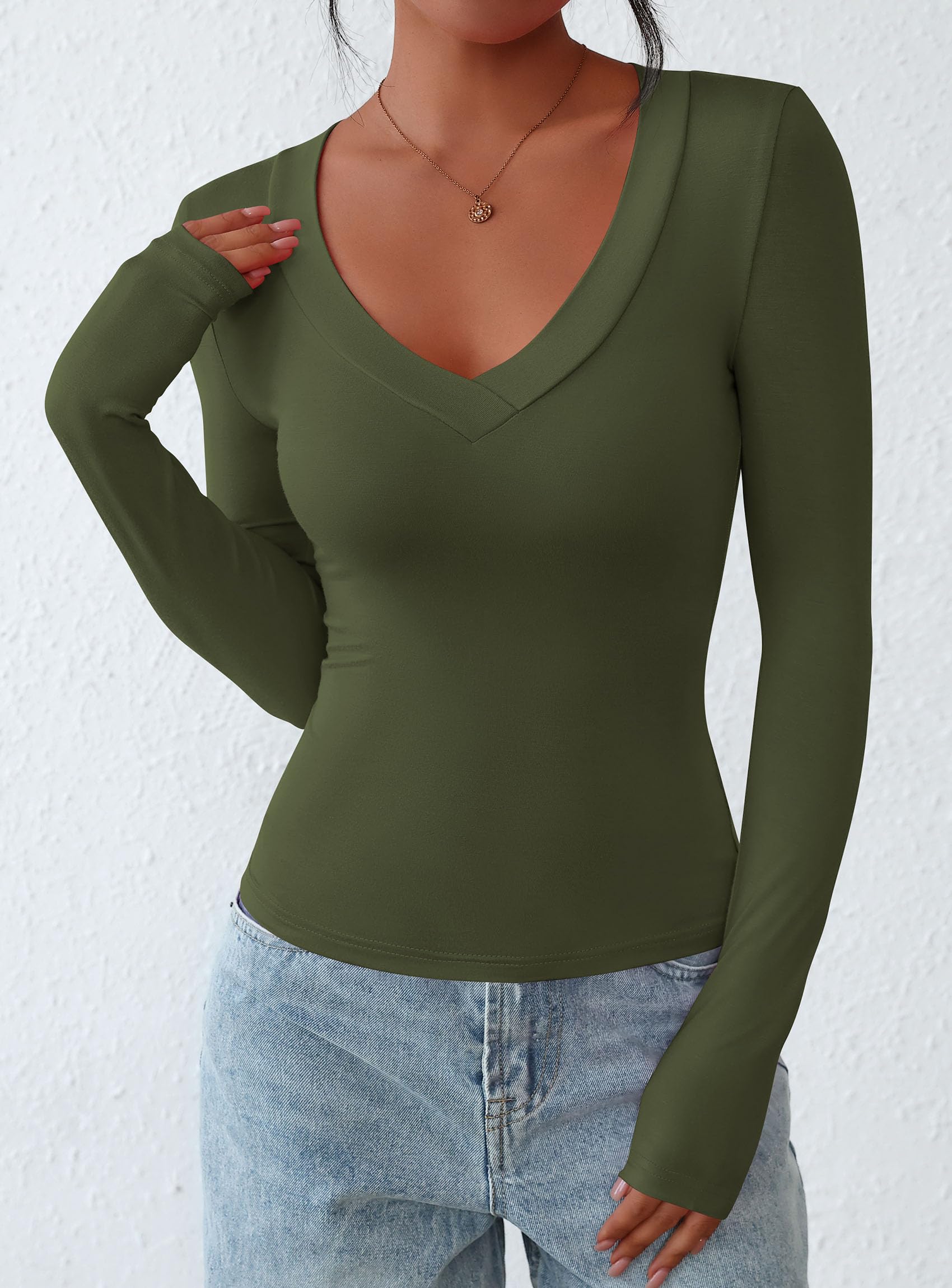 Women's V Neck Long Sleeve Shirts,Army Green,X-S