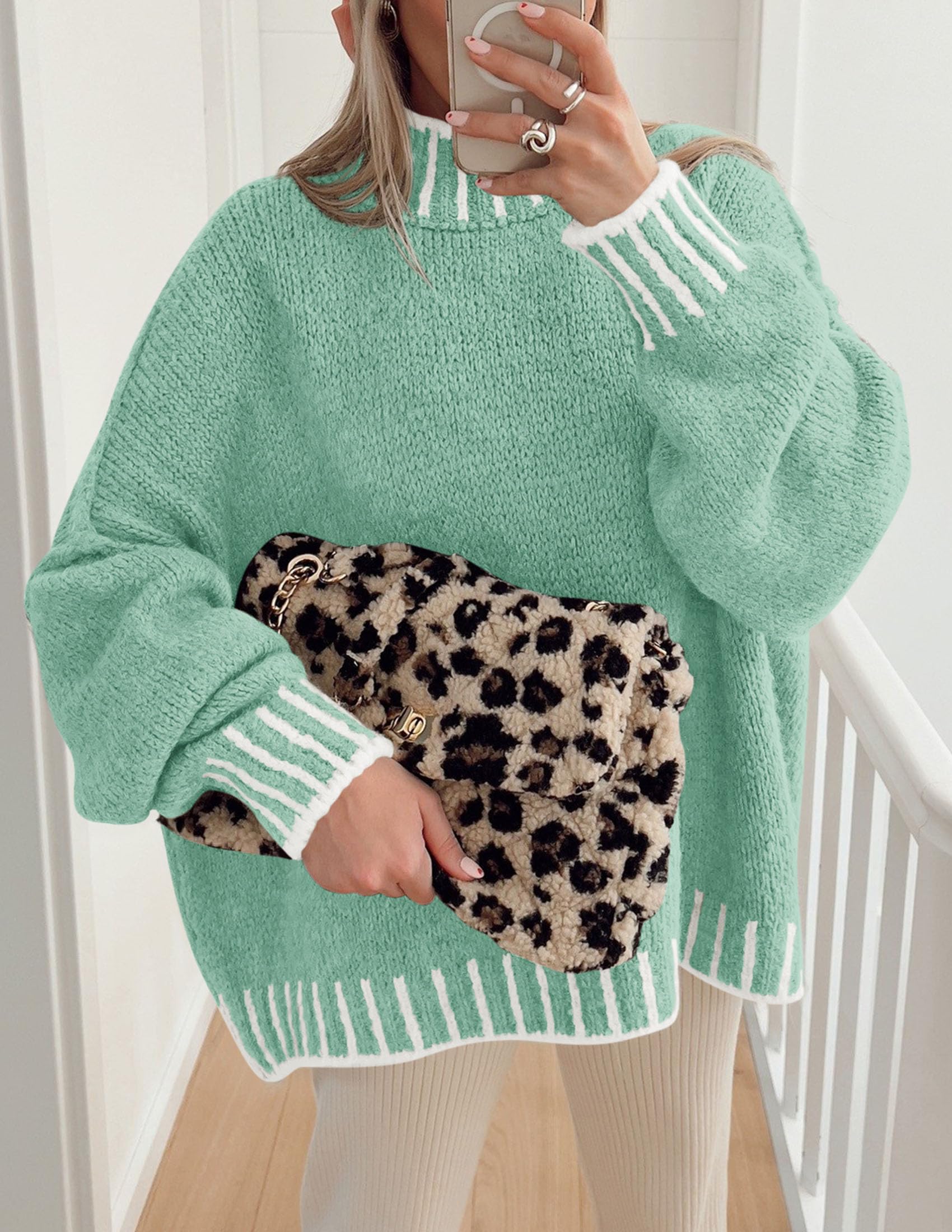 Women's Mock Neck Oversized Pullover Sweaters,Light Green,XS