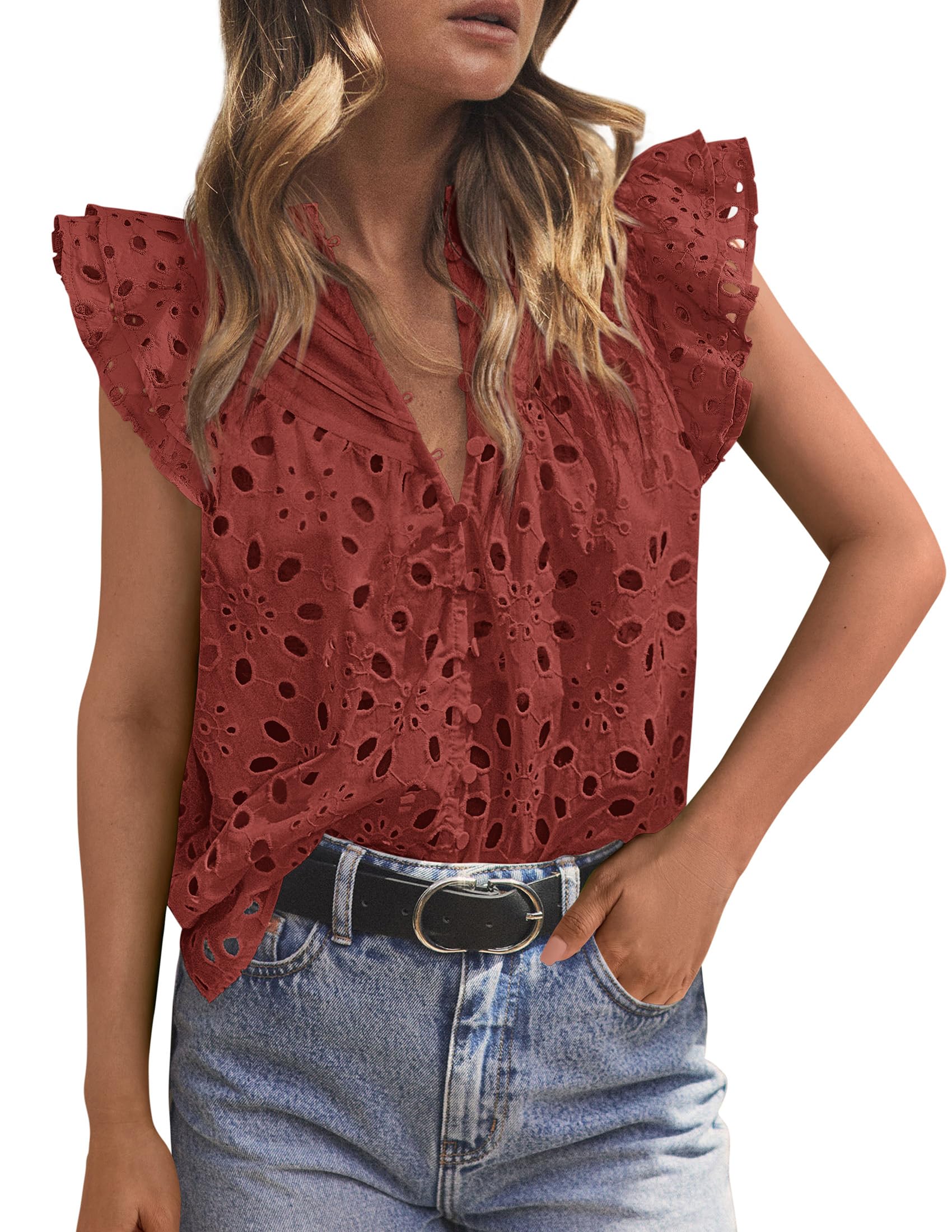 Women's Eyelet V Neck Summer Tops Dressy Casual Brown Red,L