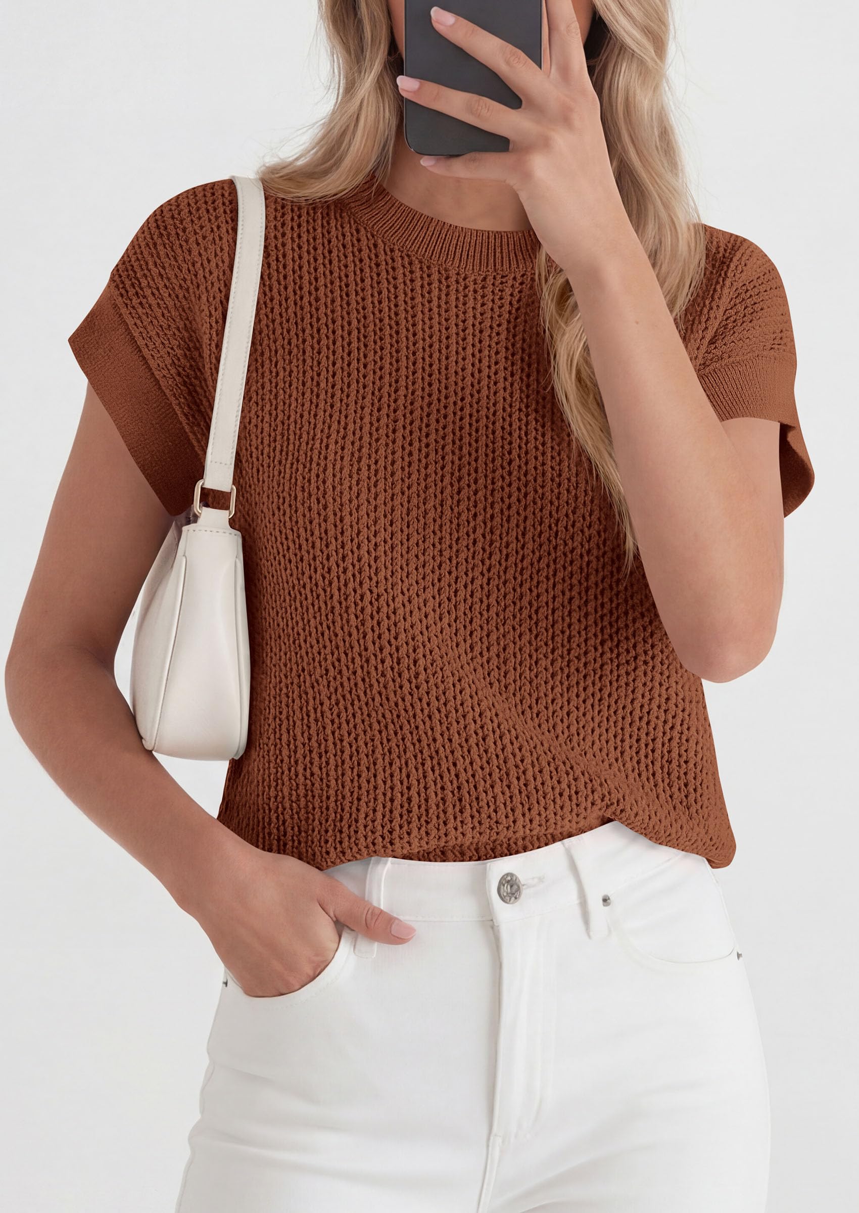 Women's Summer Sweater Vest Crochet Tops (Brown,S)