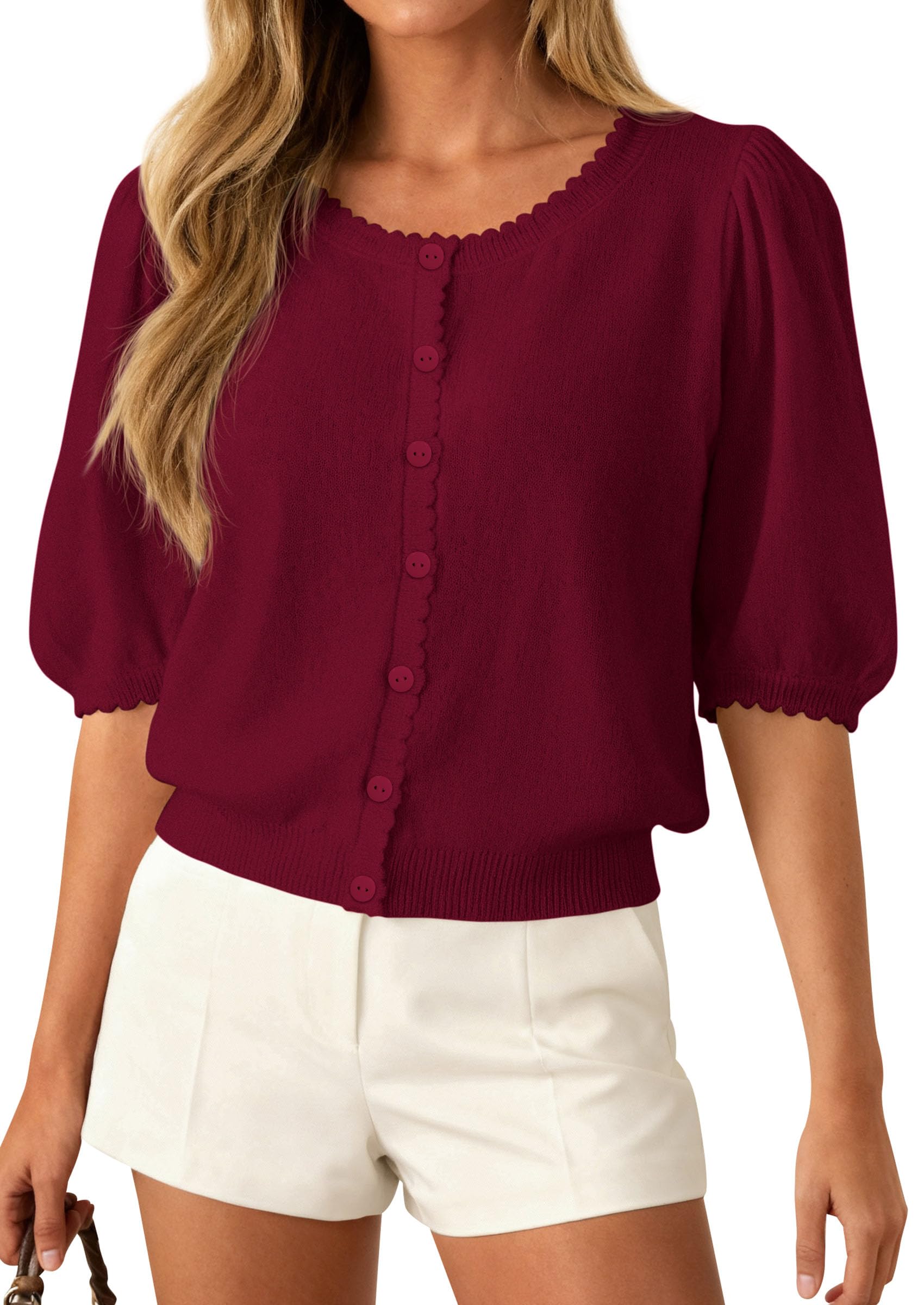 Women Short Sleeve Lightweight Knit Cardigans, Burgundy,S