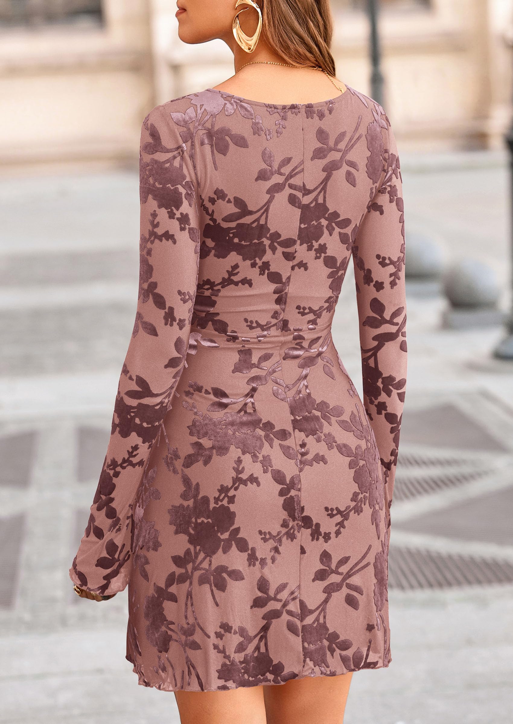 Women's Fall Floral Long Sleeve Mini Dress (Dusty Pink,XS)