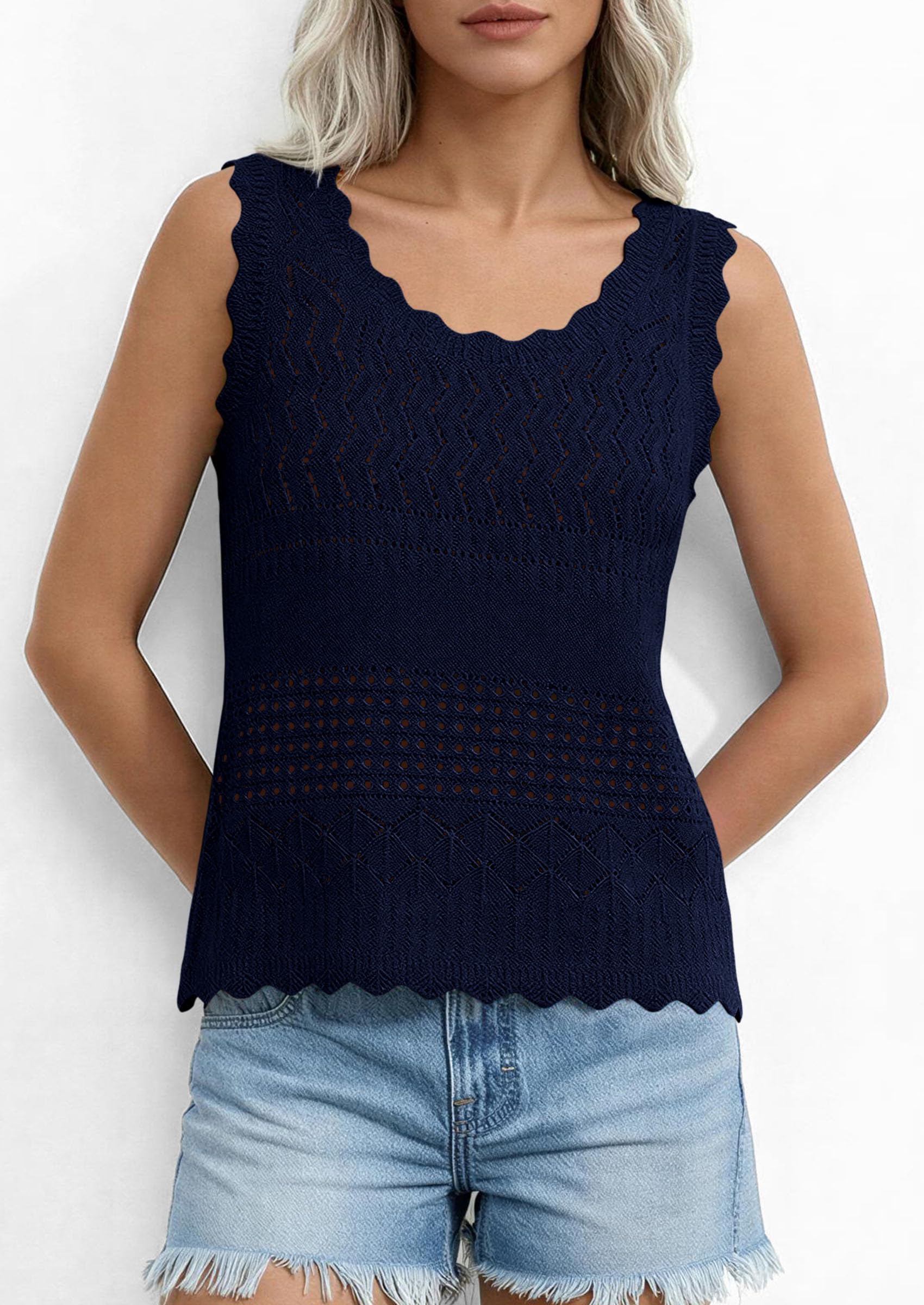 Womens Crochet Tank Tops Knit Sleeveless Vest,Navy Blue,S