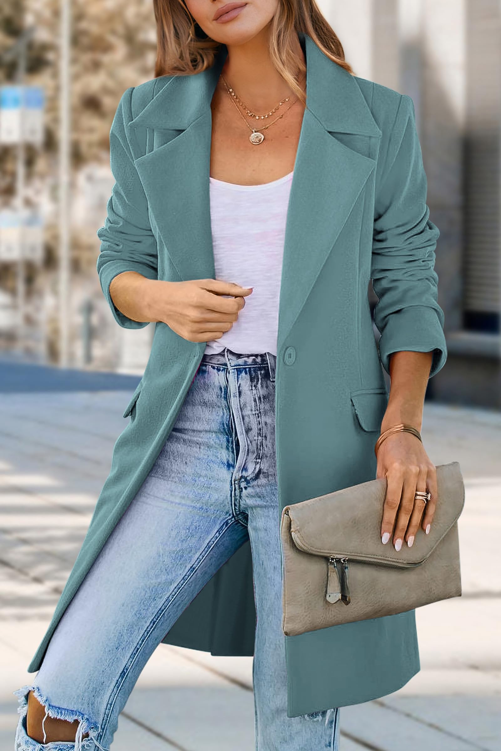 Women's Business Casual Long Blazer Jackets(Blue Green,S)
