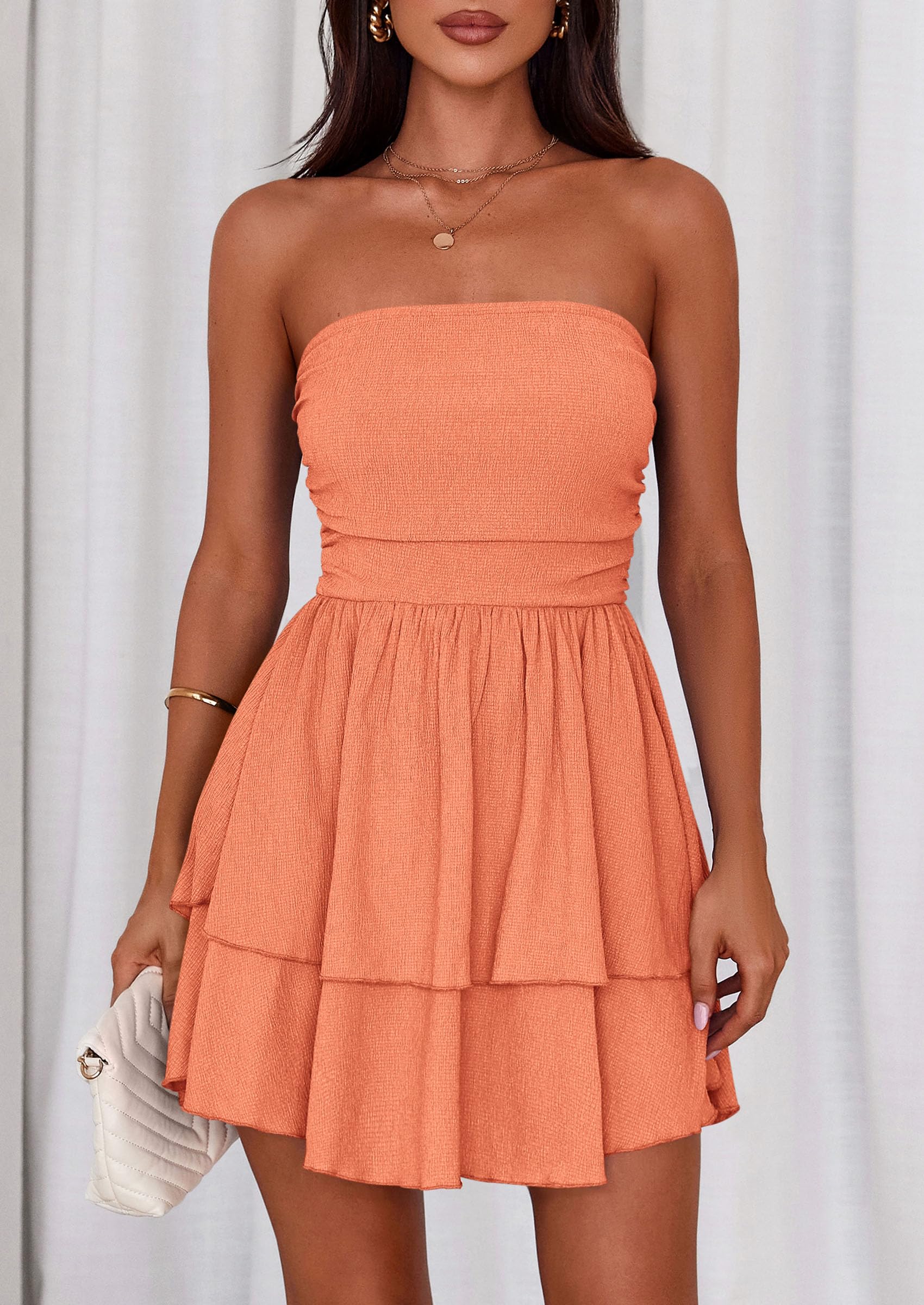 Women's Summer Strapless Flowy Mini Dresses (Orange,S)
