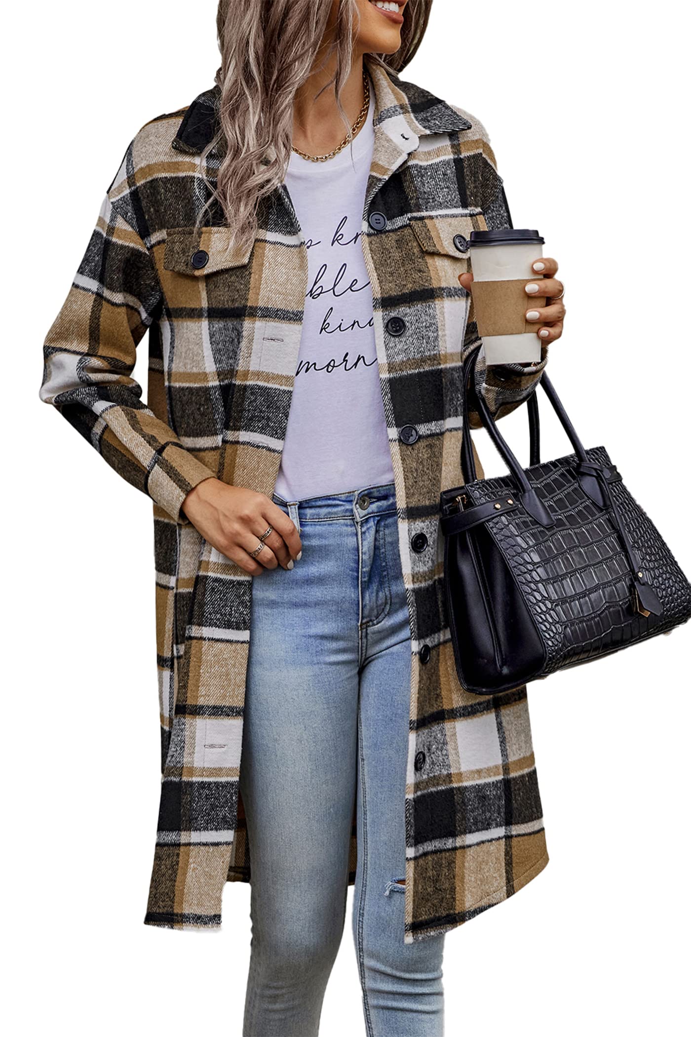Womens Plaid Shacket Jacket Flannel Shirts,Khaki,S