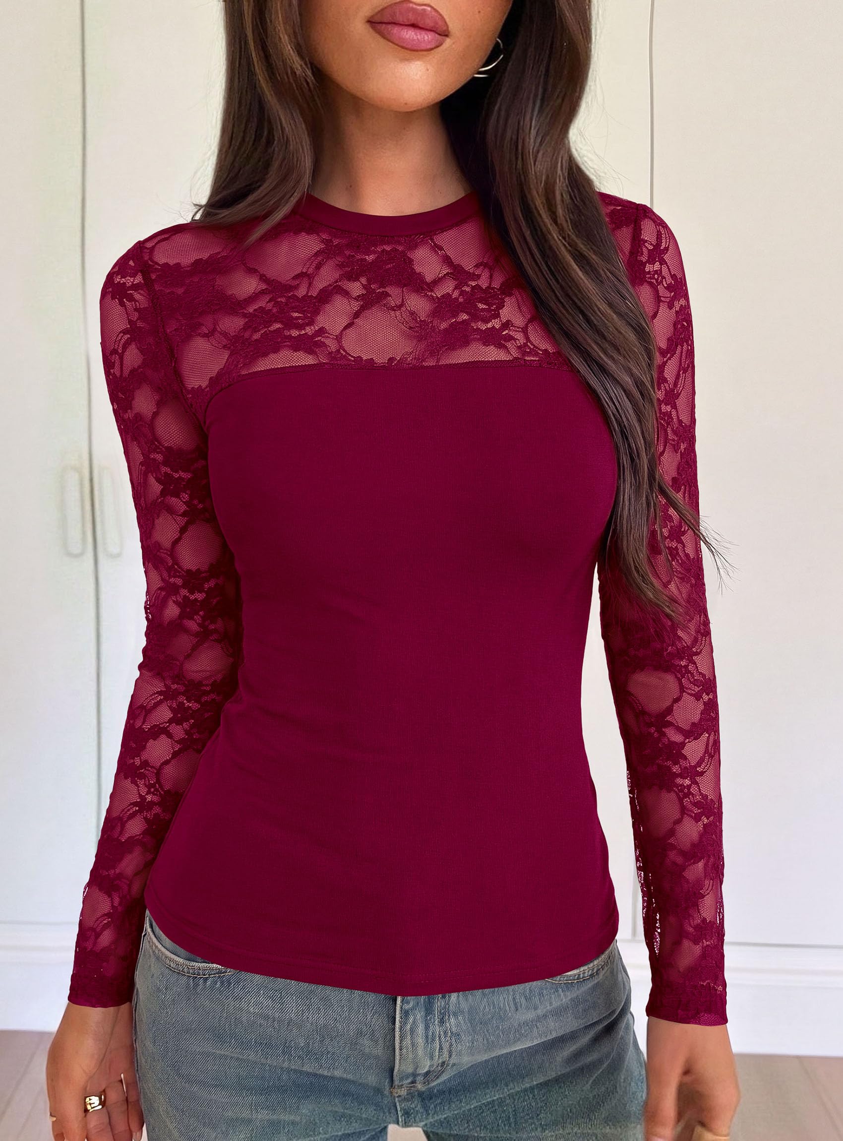Womens Mesh Sheer Shirts Lace Long Sleeve Tops,Burgundy,S