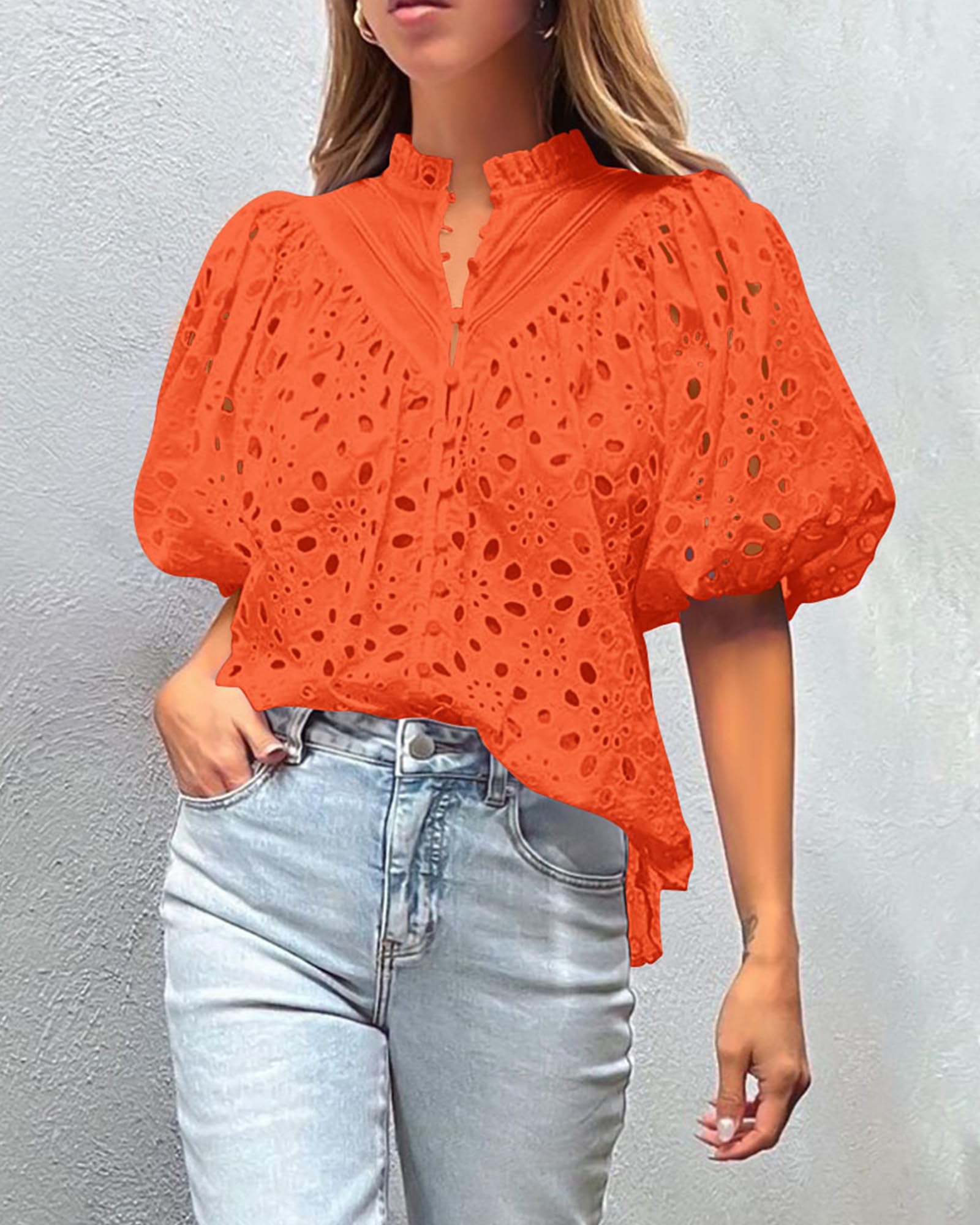 Womens Tops Boho Eyelet Puff Sleeve Blouse, Orange,S