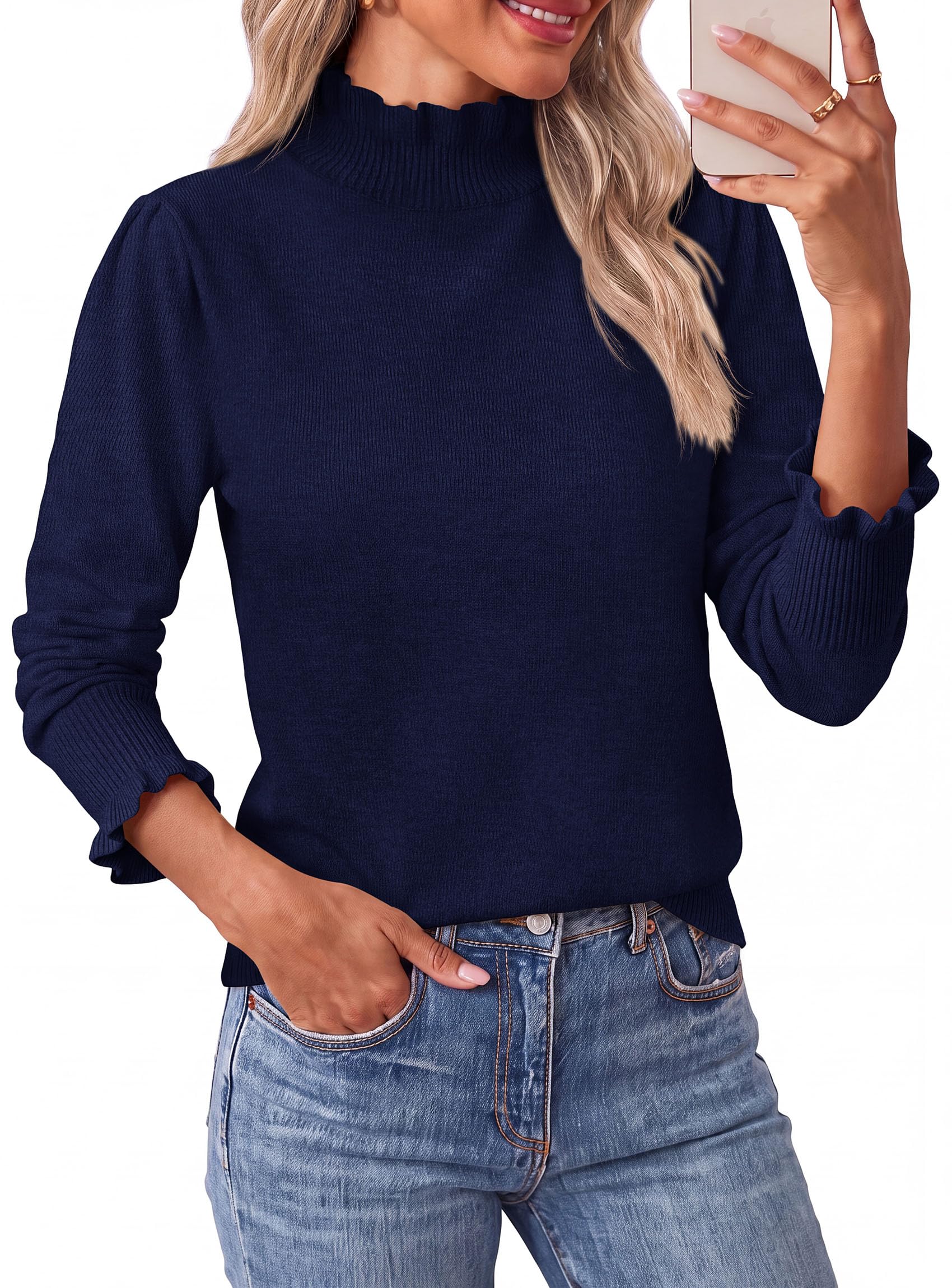 Women's Fall Cozy Sweaters Trendy Ruffle Mock Neck Pullover