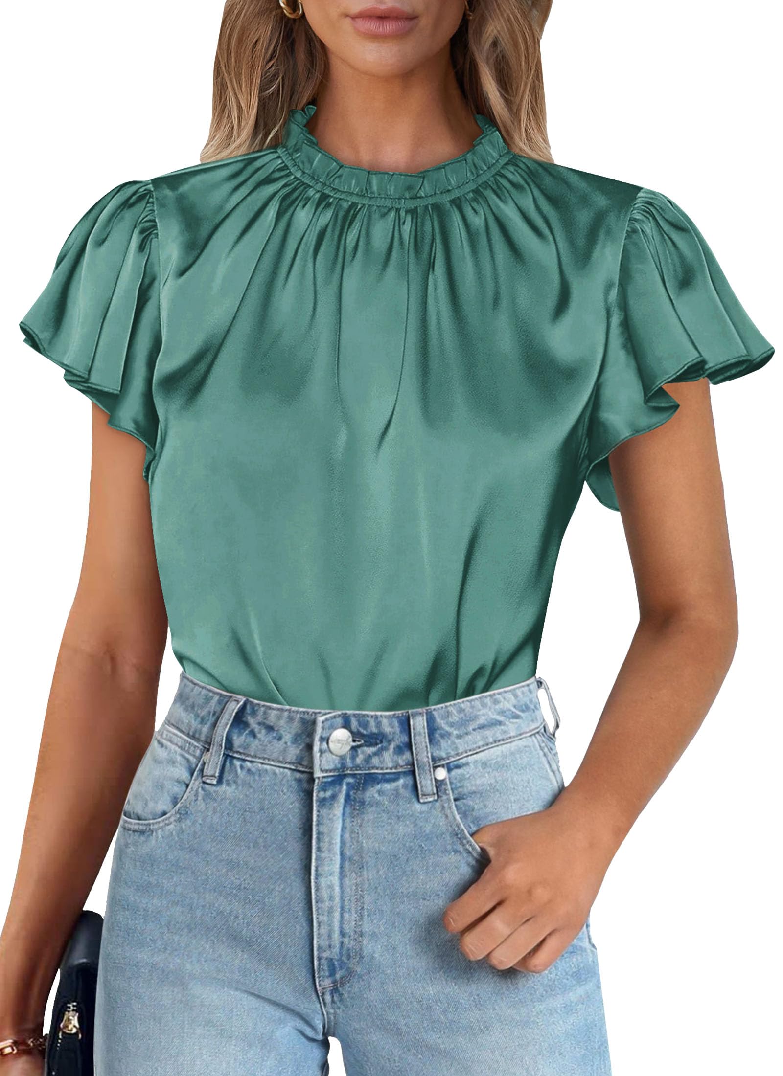 Women's Satin Tops Business Casual Work Blouses, Aqua Green,S