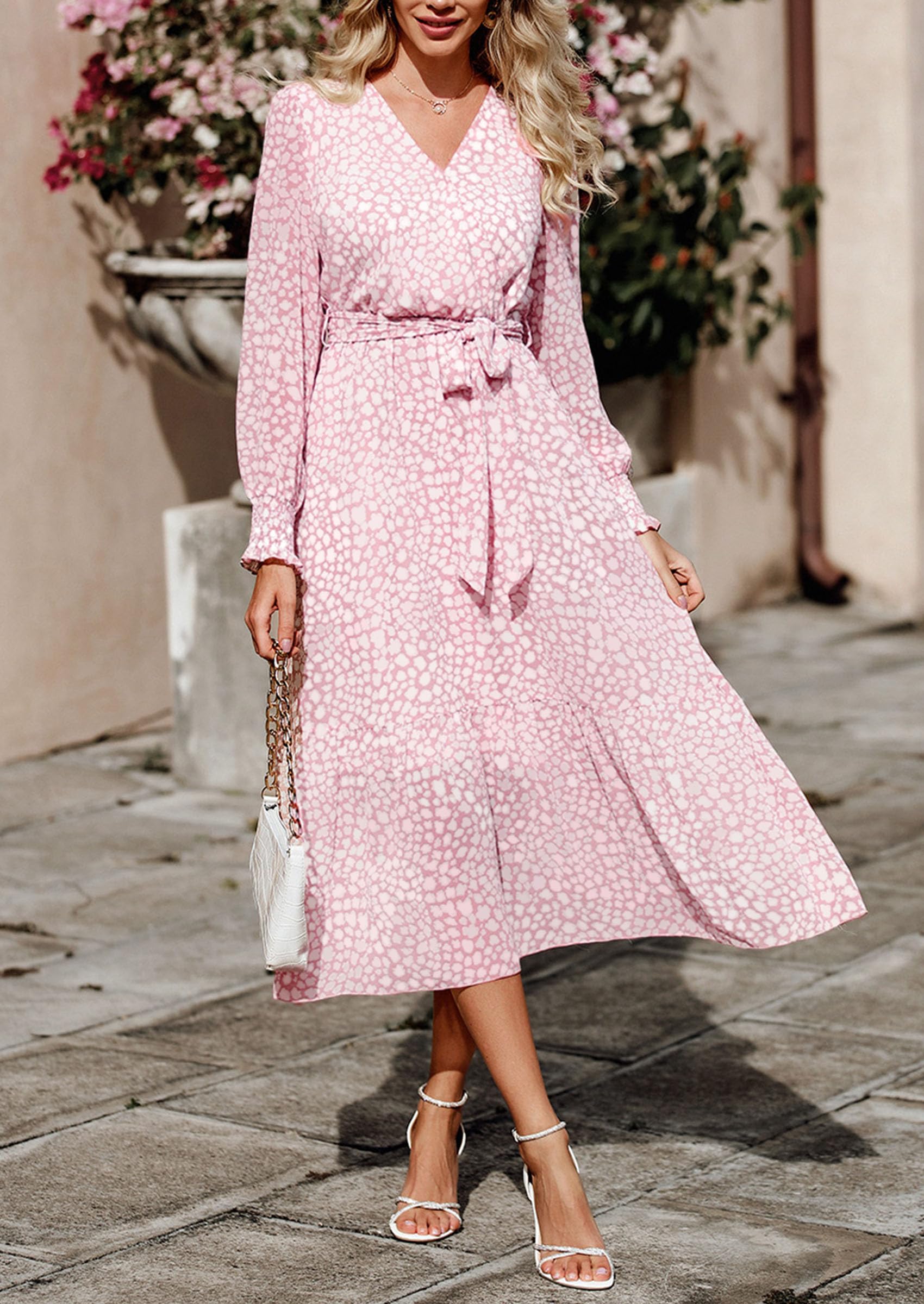 Women's Floral Boho Long Sleeve Maxi Dress, Pink,M