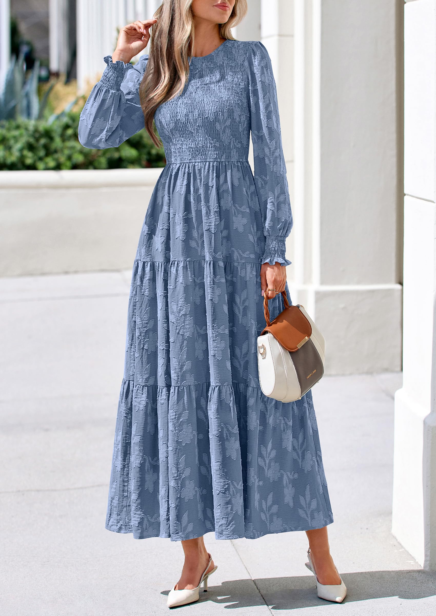 Fall Floral Long Sleeve Wedding Guest Dress for Women Pockets
