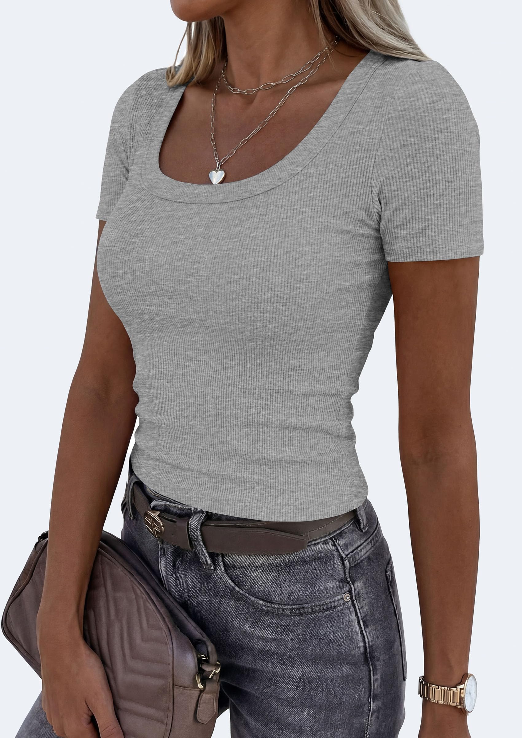 Womens Summer Short Sleeve Scoop Neck Tops,Grey,S