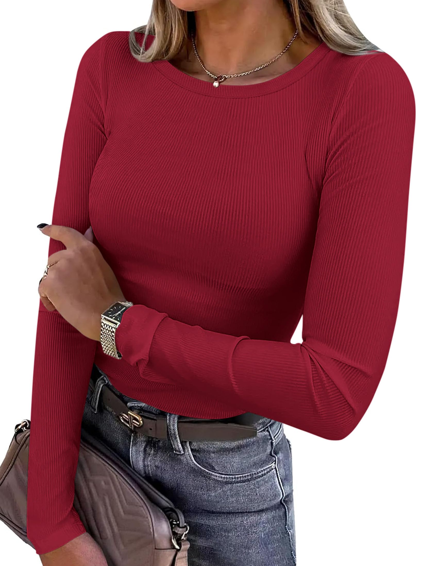 Women's Fall Long Sleeve Shirts Basic Tees (Red,XS)