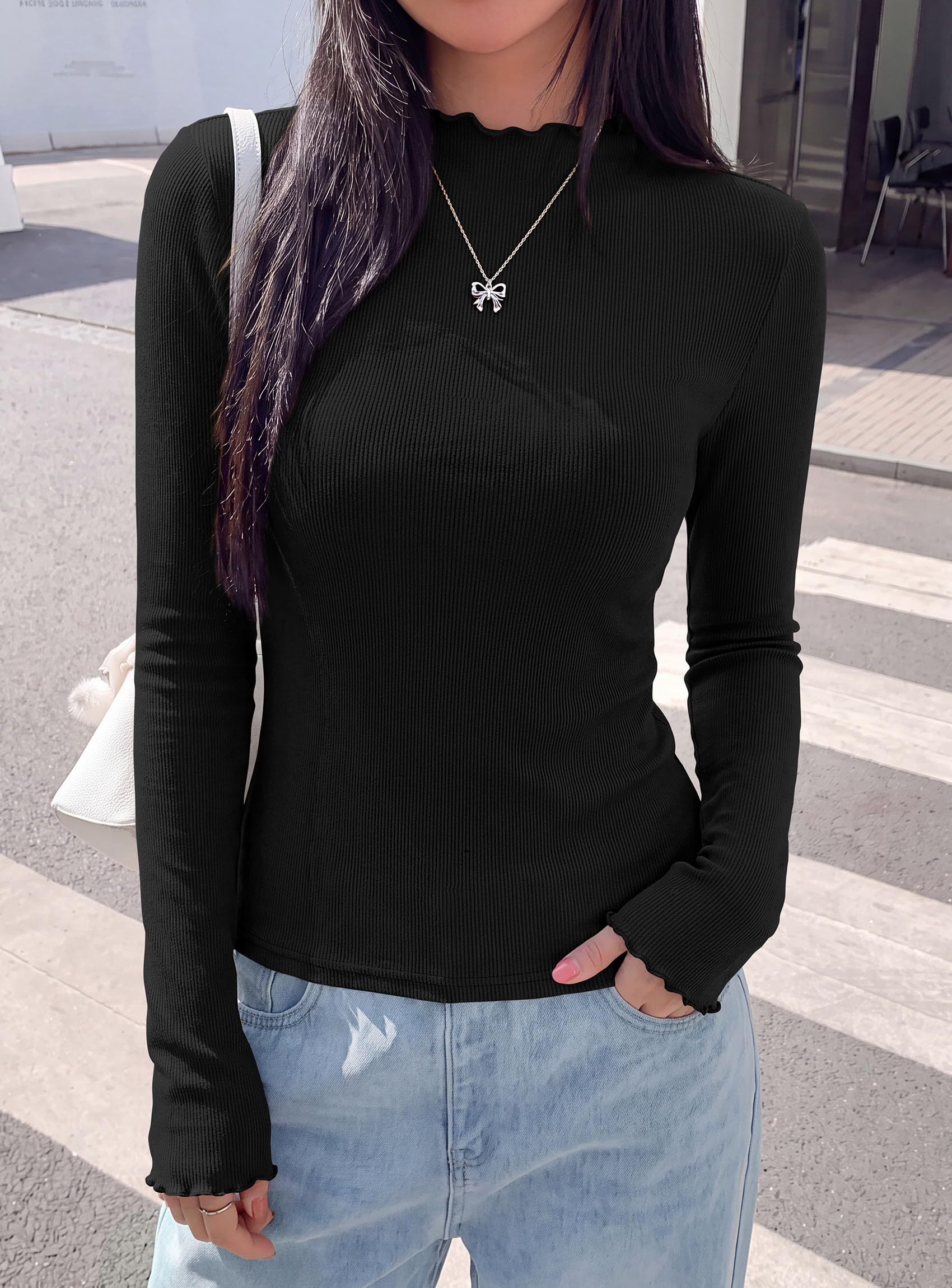 Women's Long Sleeve T Shirts Lettuce Trim Mock Neck Tops Black