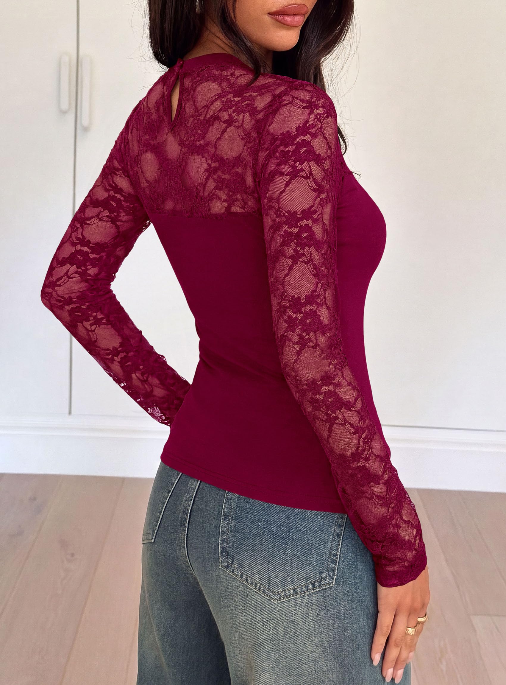 Womens Mesh Sheer Shirts Lace Long Sleeve Tops,Burgundy,S