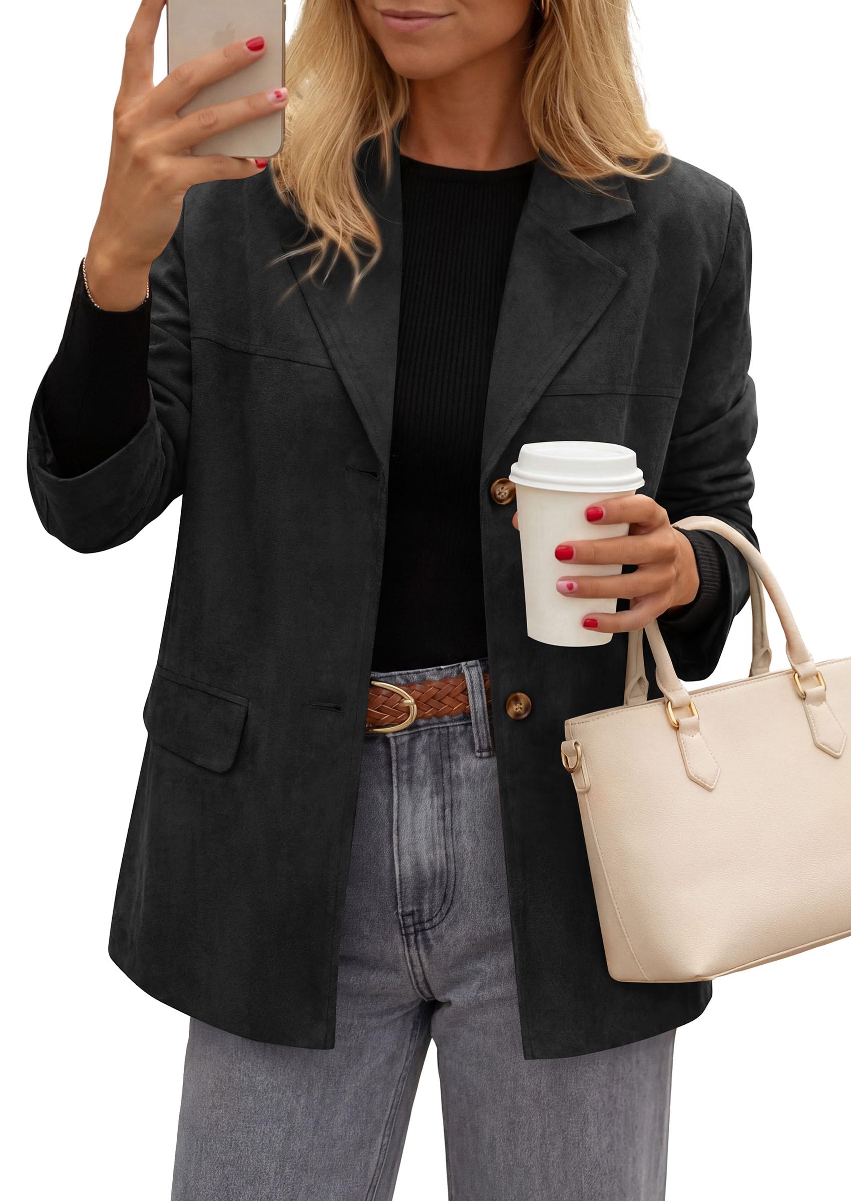 Blazers for Women Western Fall Faux Suede Jacket Black
