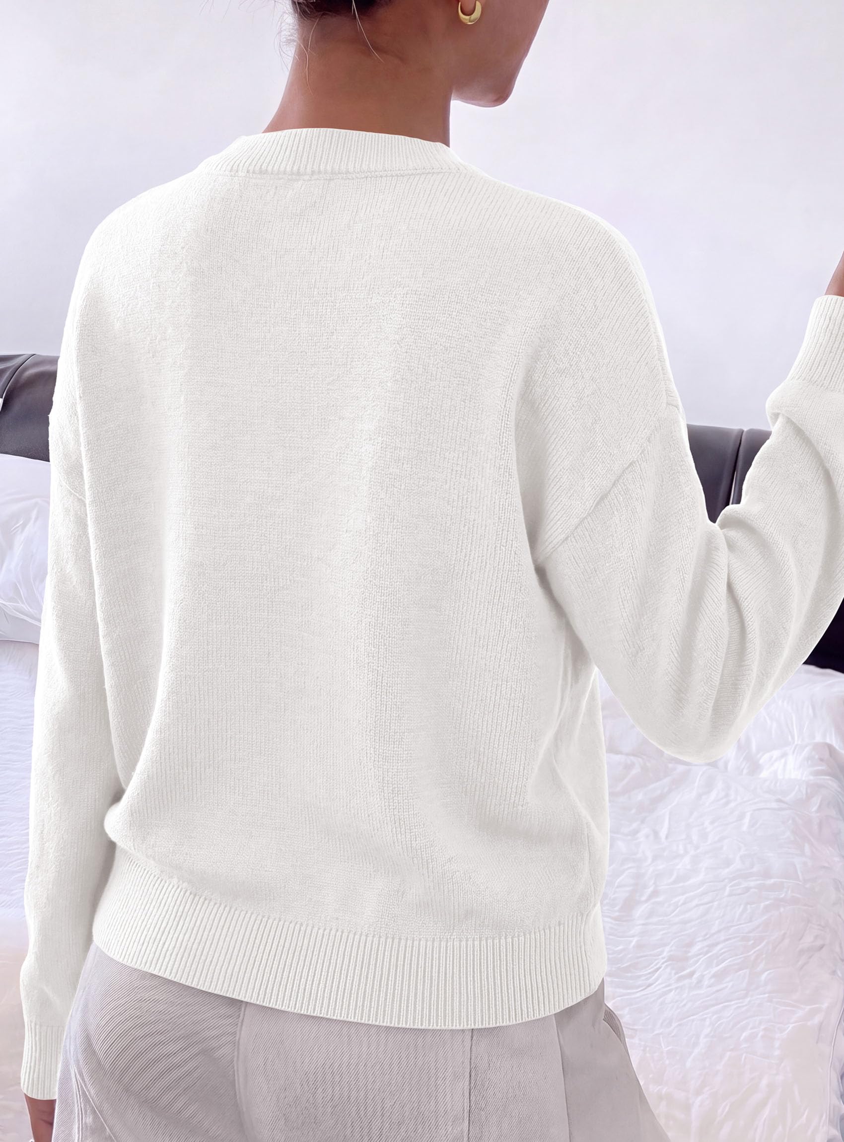 Womens Sweaters Floral Long Sleeve Knit Tops,White,S