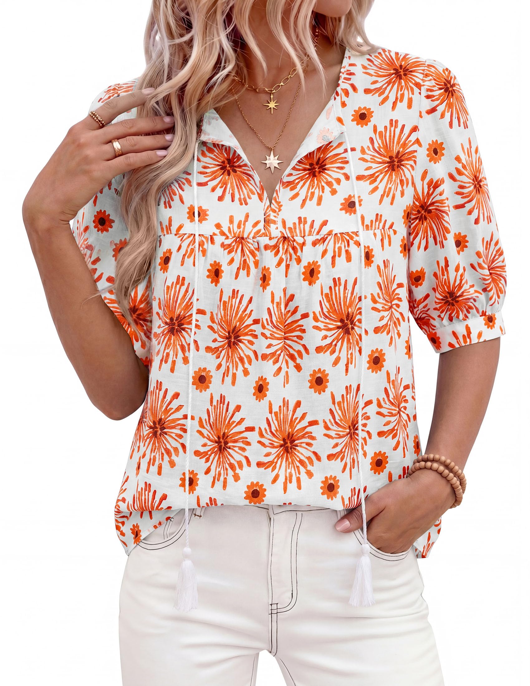 Womens Summer Boho Blouses Dressy Casual Floral White Orange,S