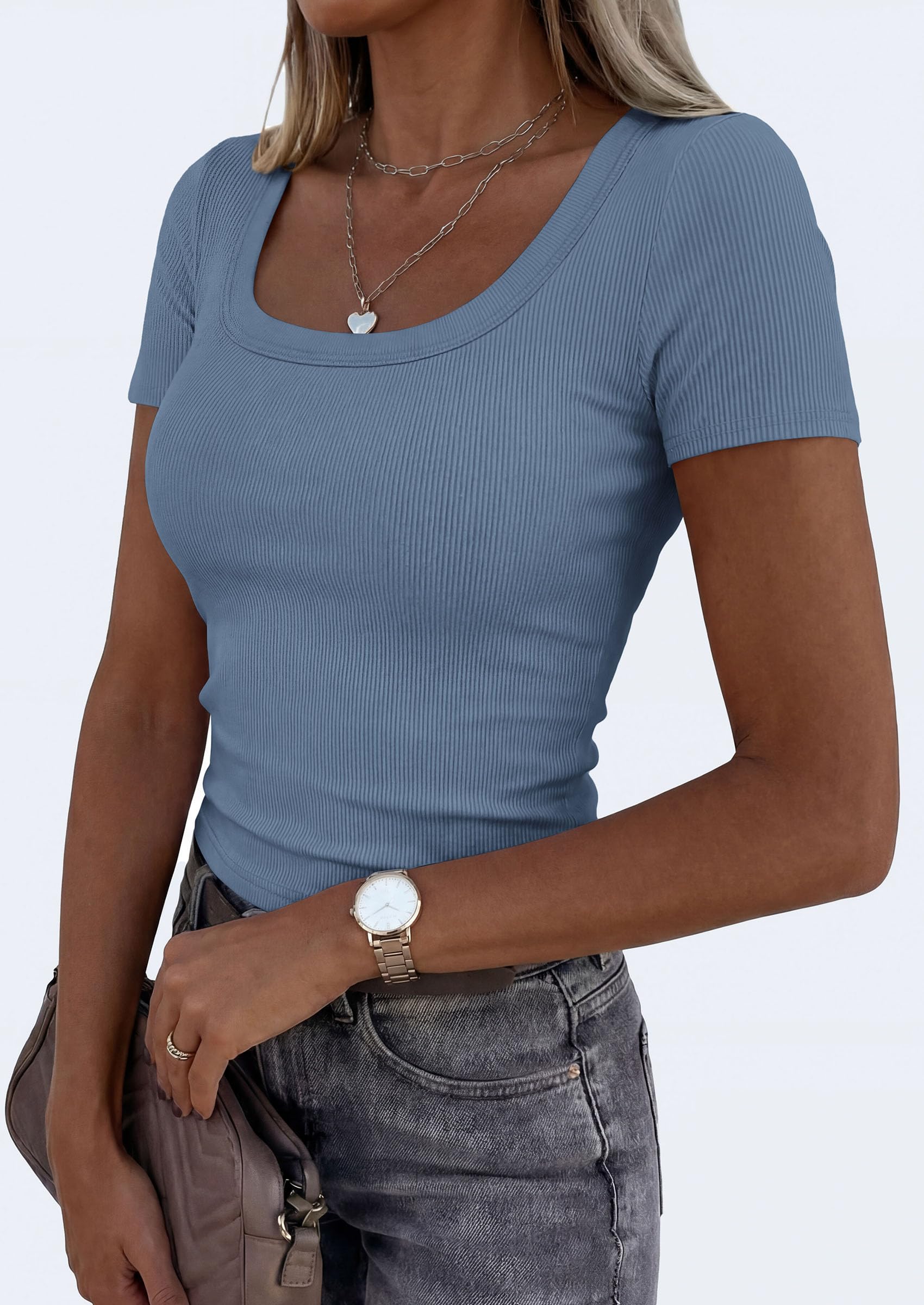 Womens Summer Short Sleeve Scoop Neck Tops,Blue Grey,S