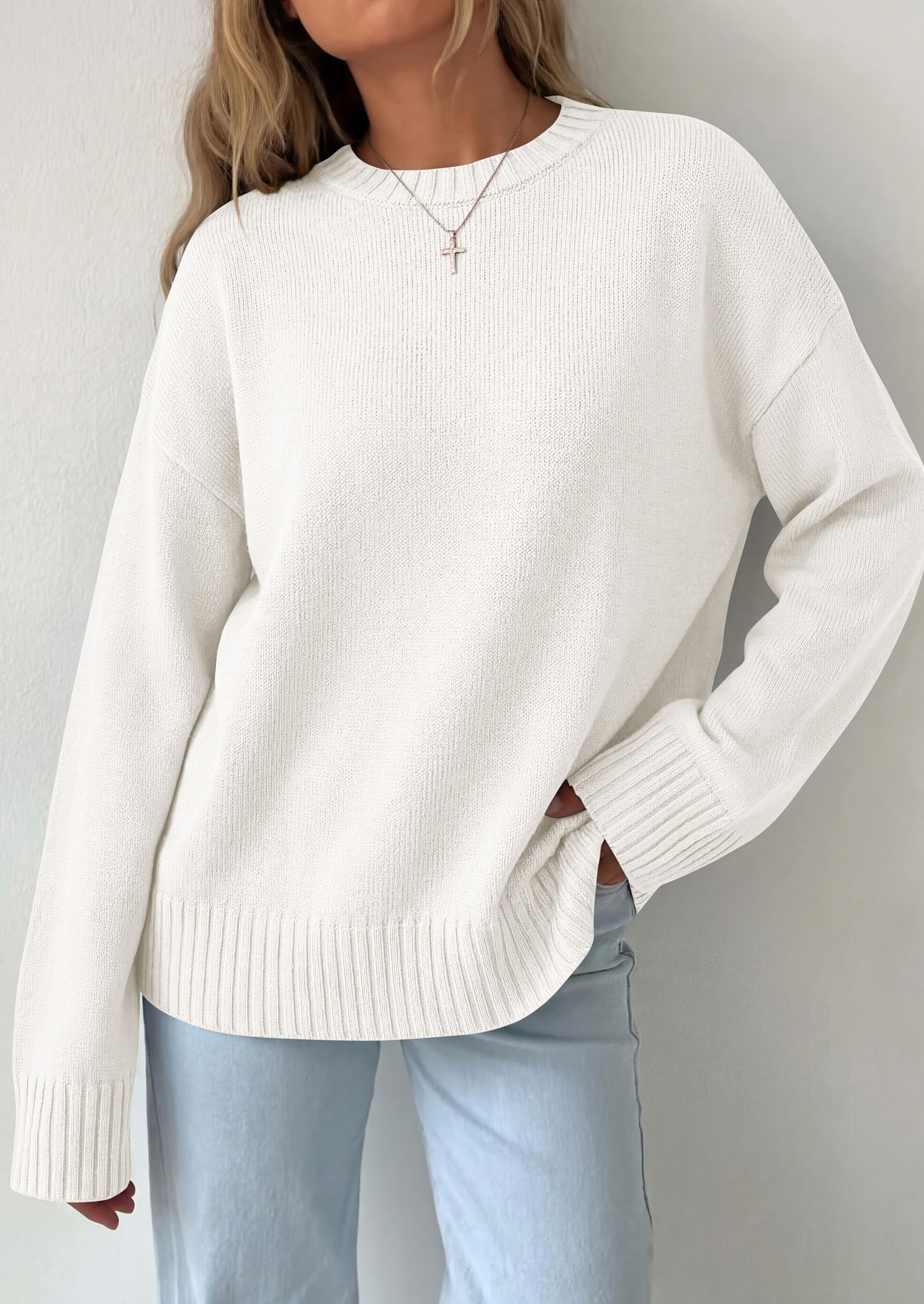 Oversized Sweater Women's Crewneck Long Sleeve Tops White
