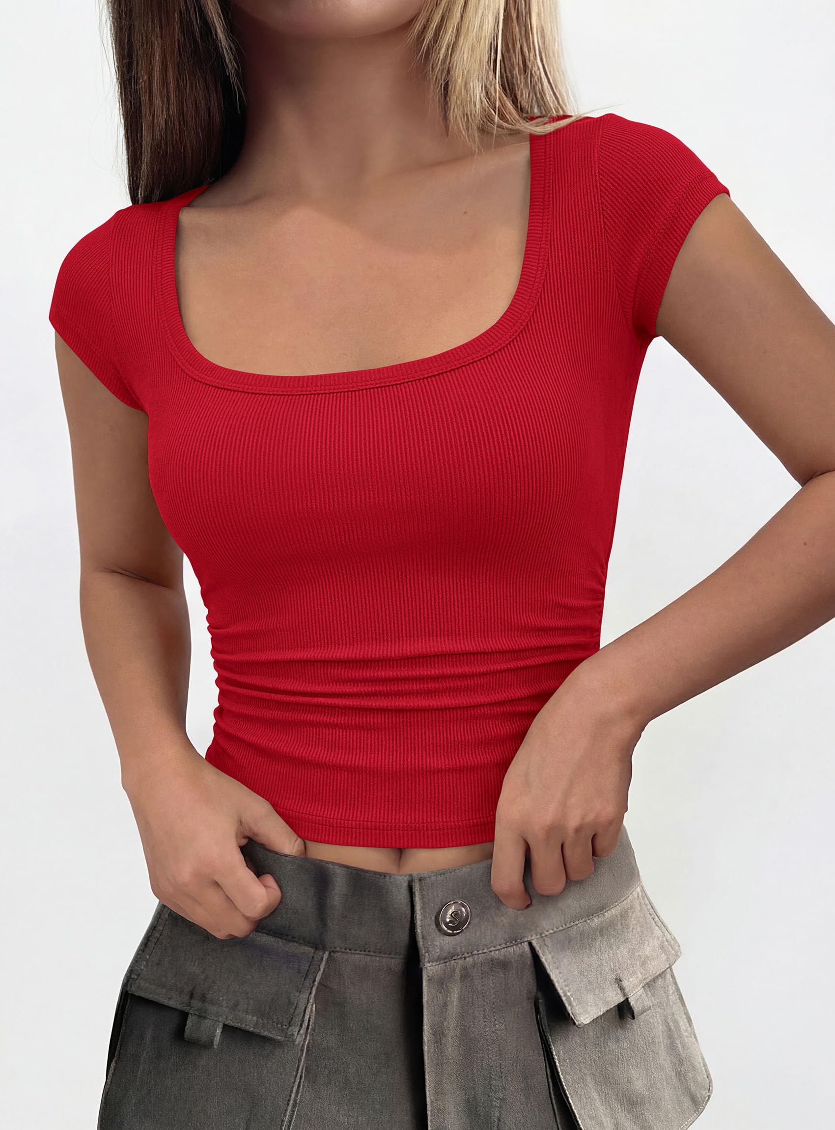 Short Sleeve Tops for Women Slim Fit T Shirts,Red,XS
