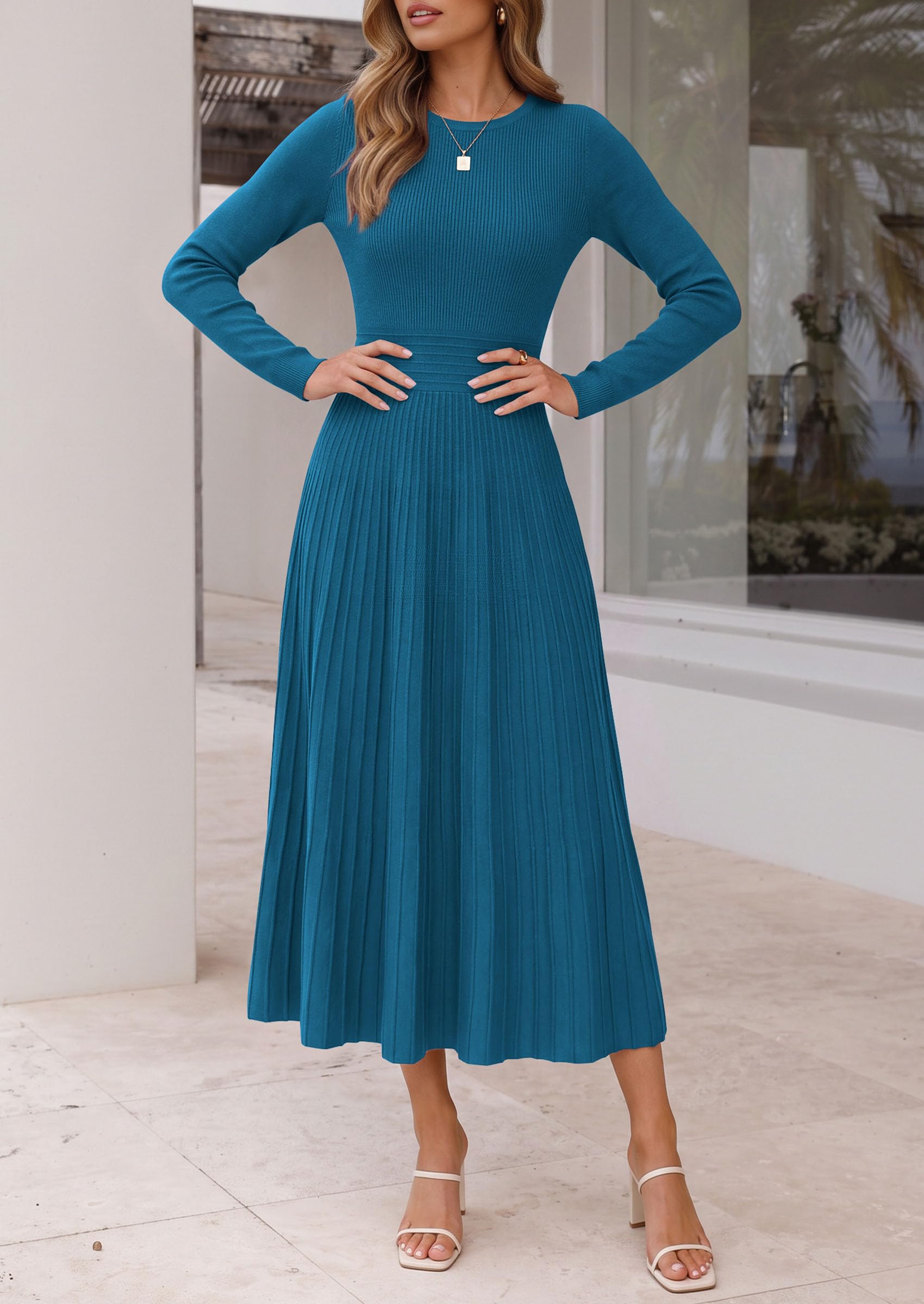 Women's Long Sleeve Knit Maxi Sweater Dress,Dark Blue,S