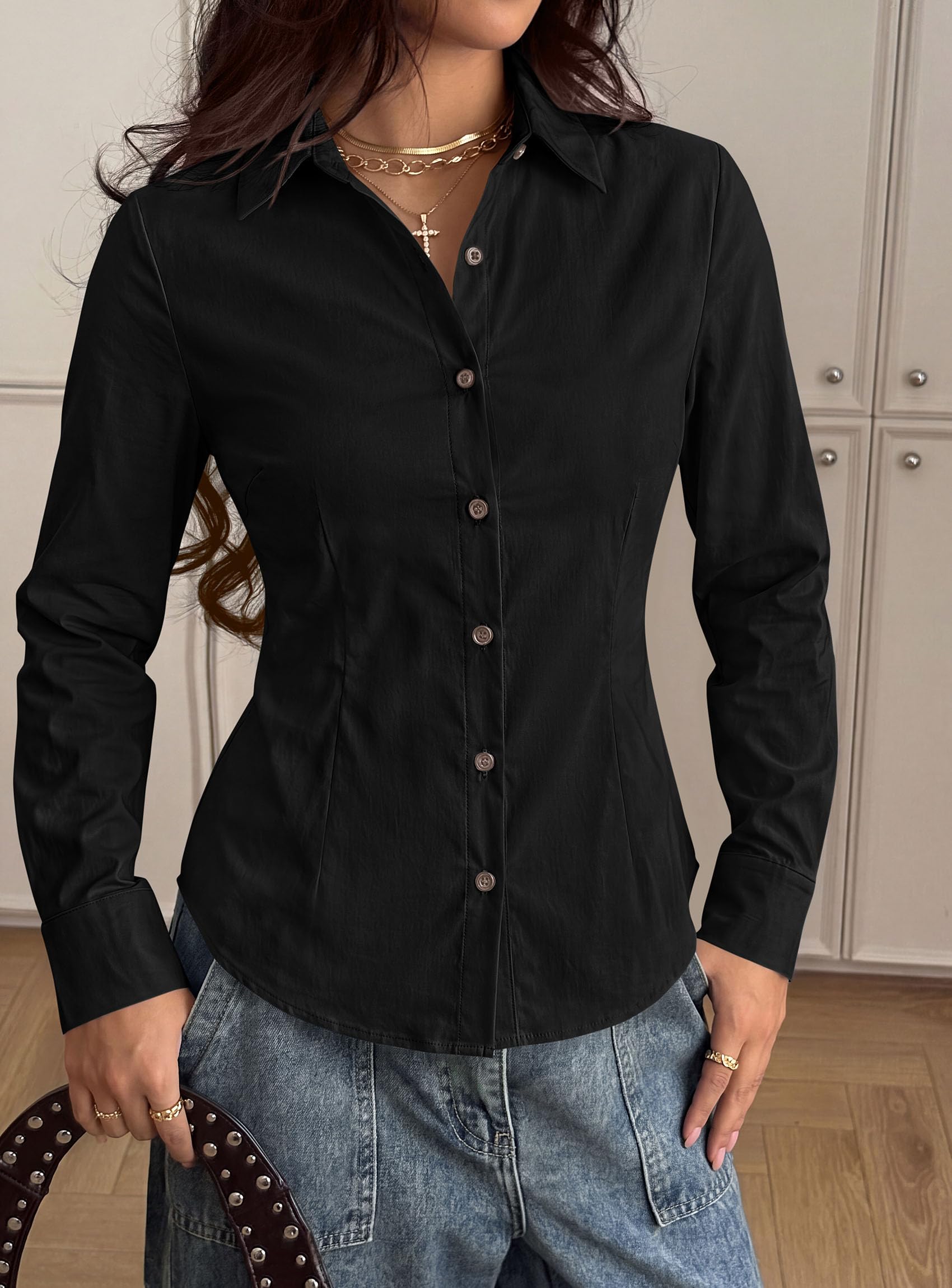 Womens Button Down Shirts Long Sleeve Blouse (Black,S)