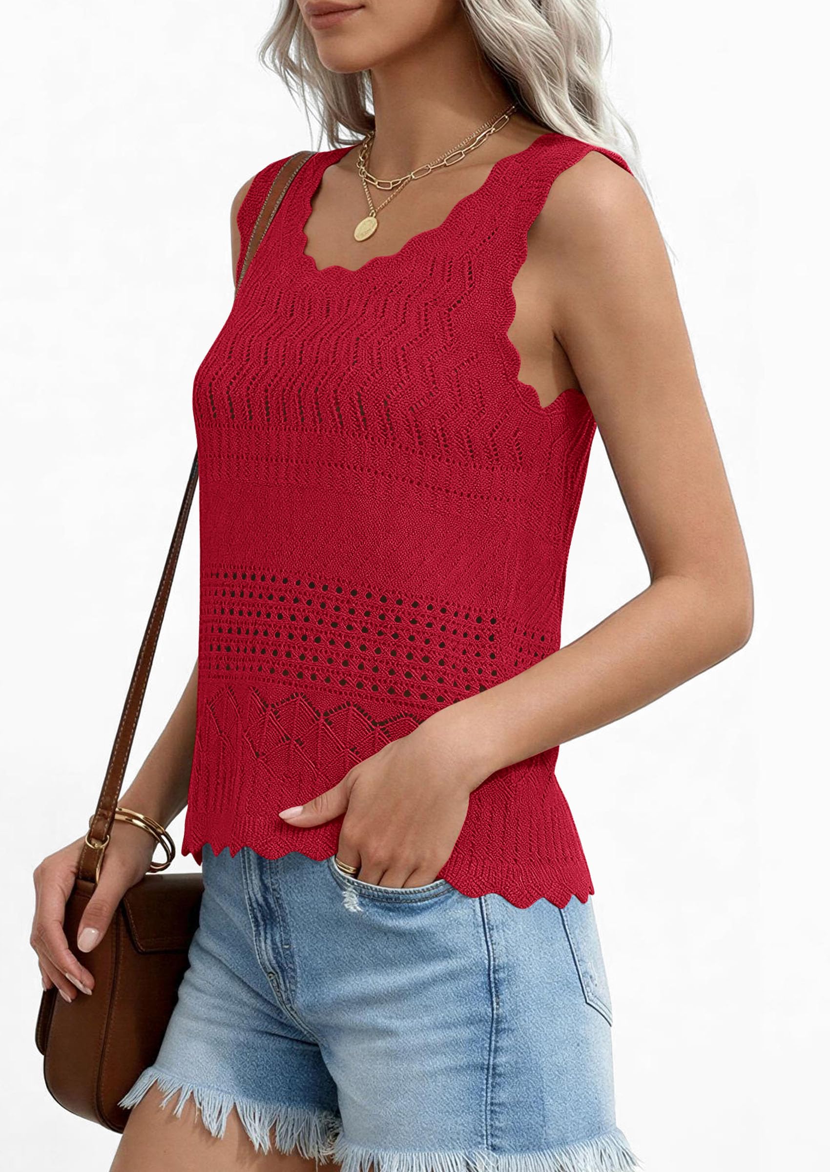 Womens Crochet Tank Tops Knit Sleeveless Vest,Red,S