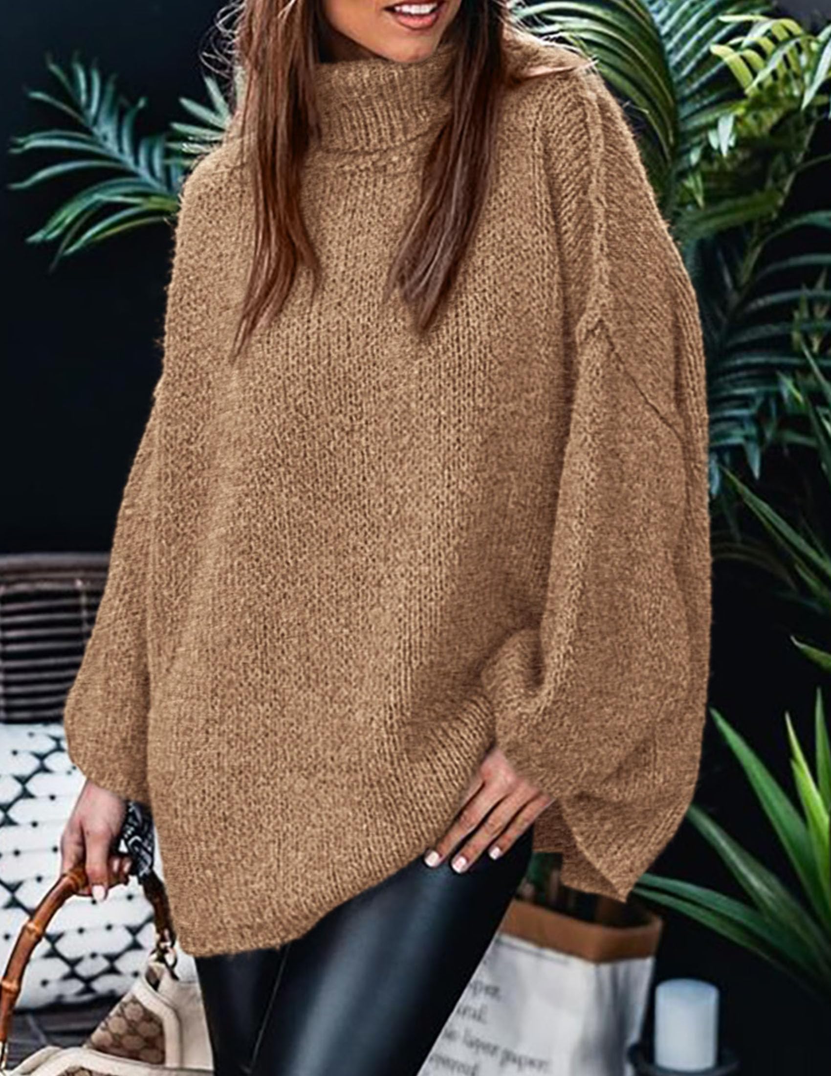 Womens Turtleneck Long Sleeve Oversized Sweaters,Camel,S