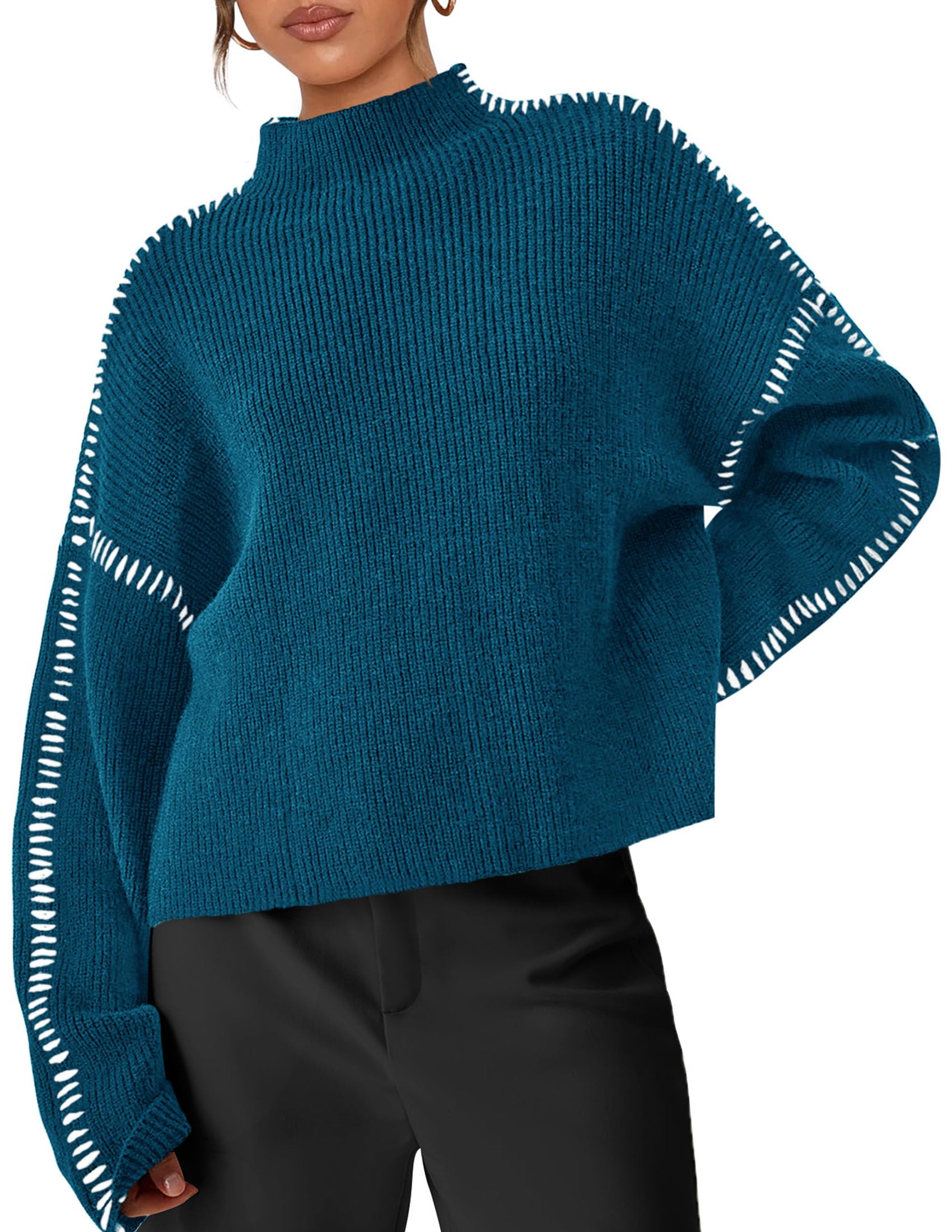 Womens Chunky Knit Oversized Pullover Sweaters,Blue Green,S