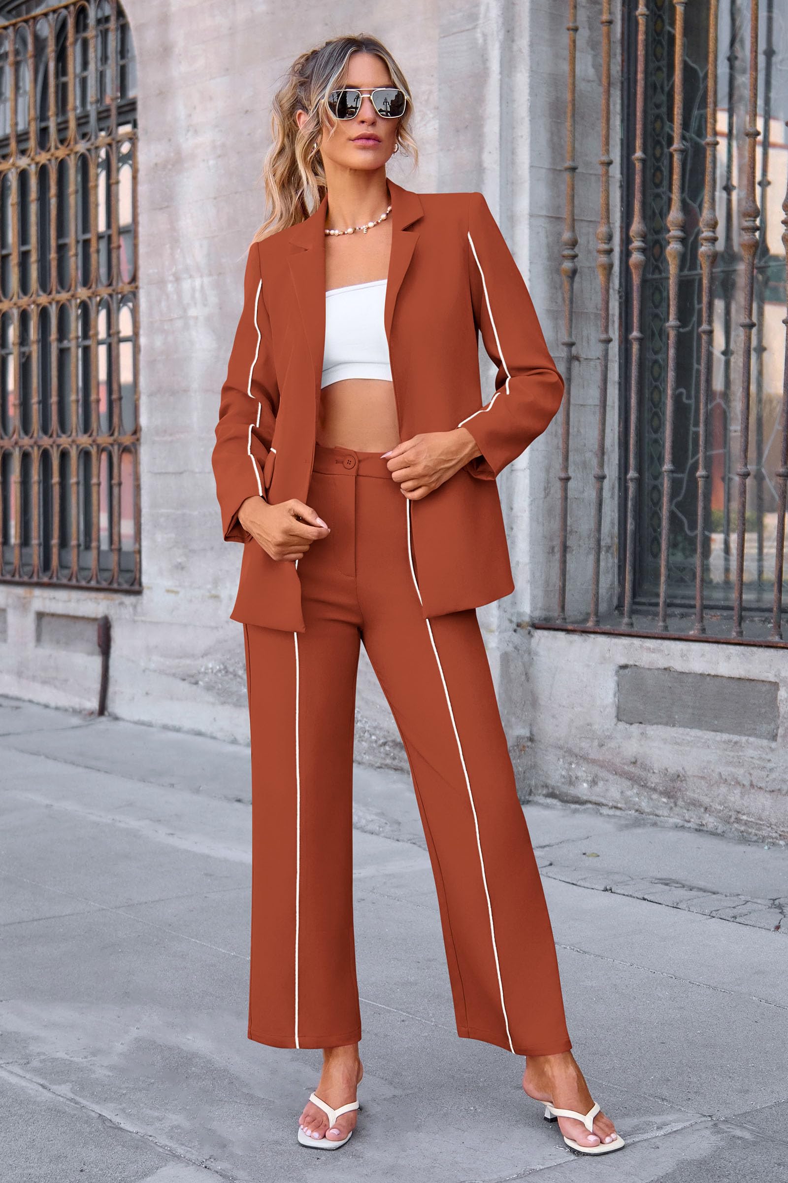 Women's 2 Piece Blazer Business Casual Outfits(Brick Red,S)