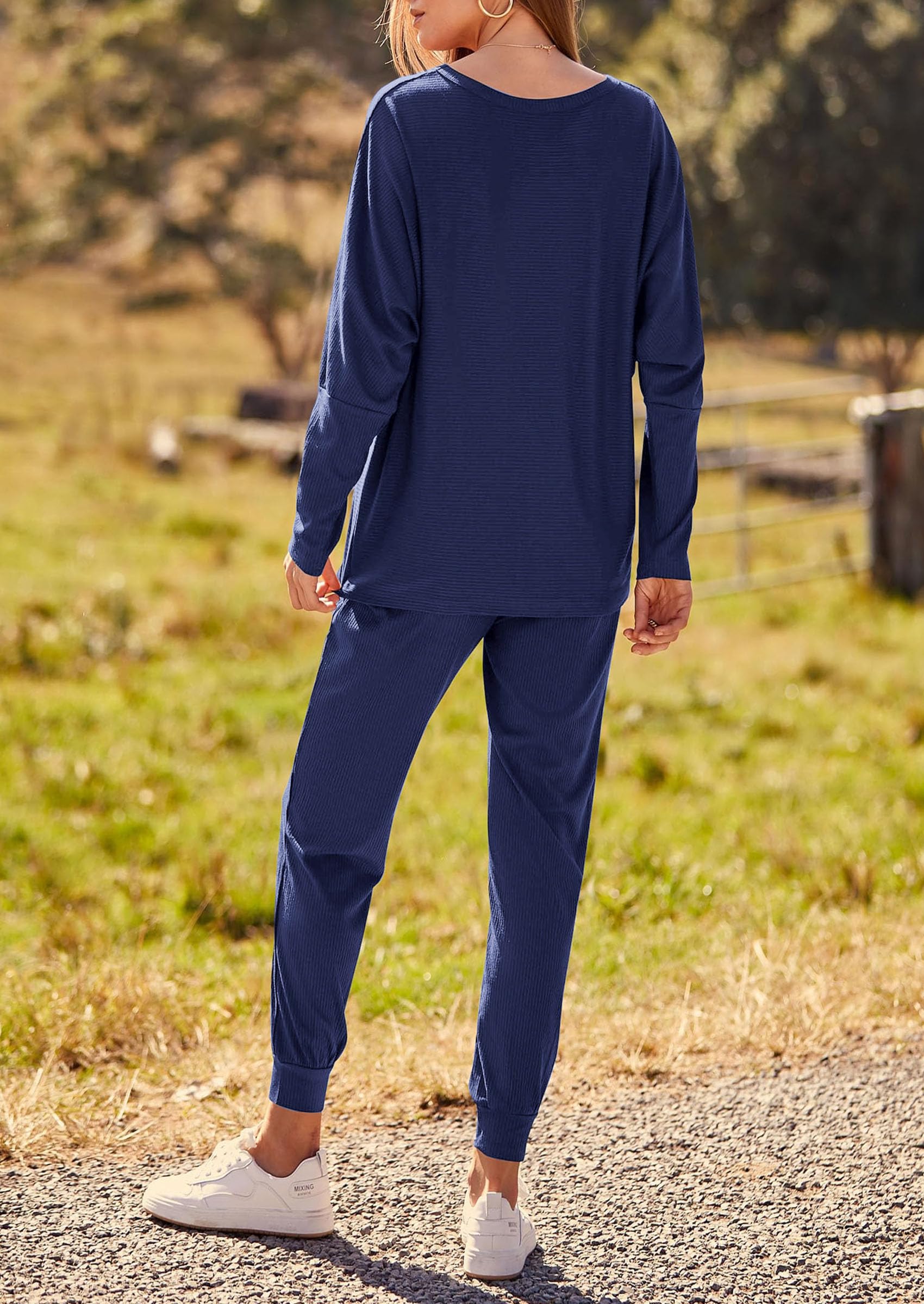 Women's 2 Piece Outfit Matching Lounge Set, Dark Blue,S