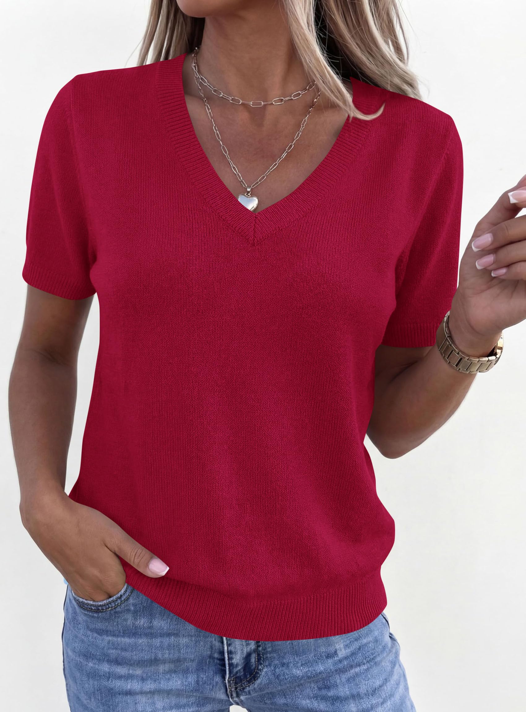 Womens Short Sleeve Sweater V Neck Tops,Red,S