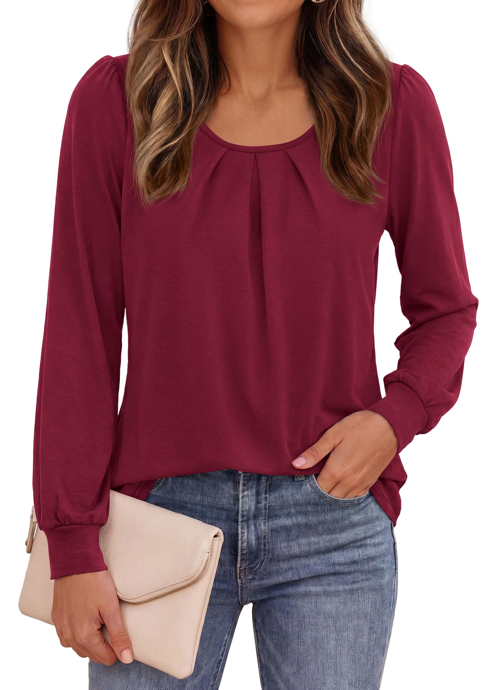 Womens Long Puff Sleeve Tops Crew Neck Blouse (Wine Red,S)