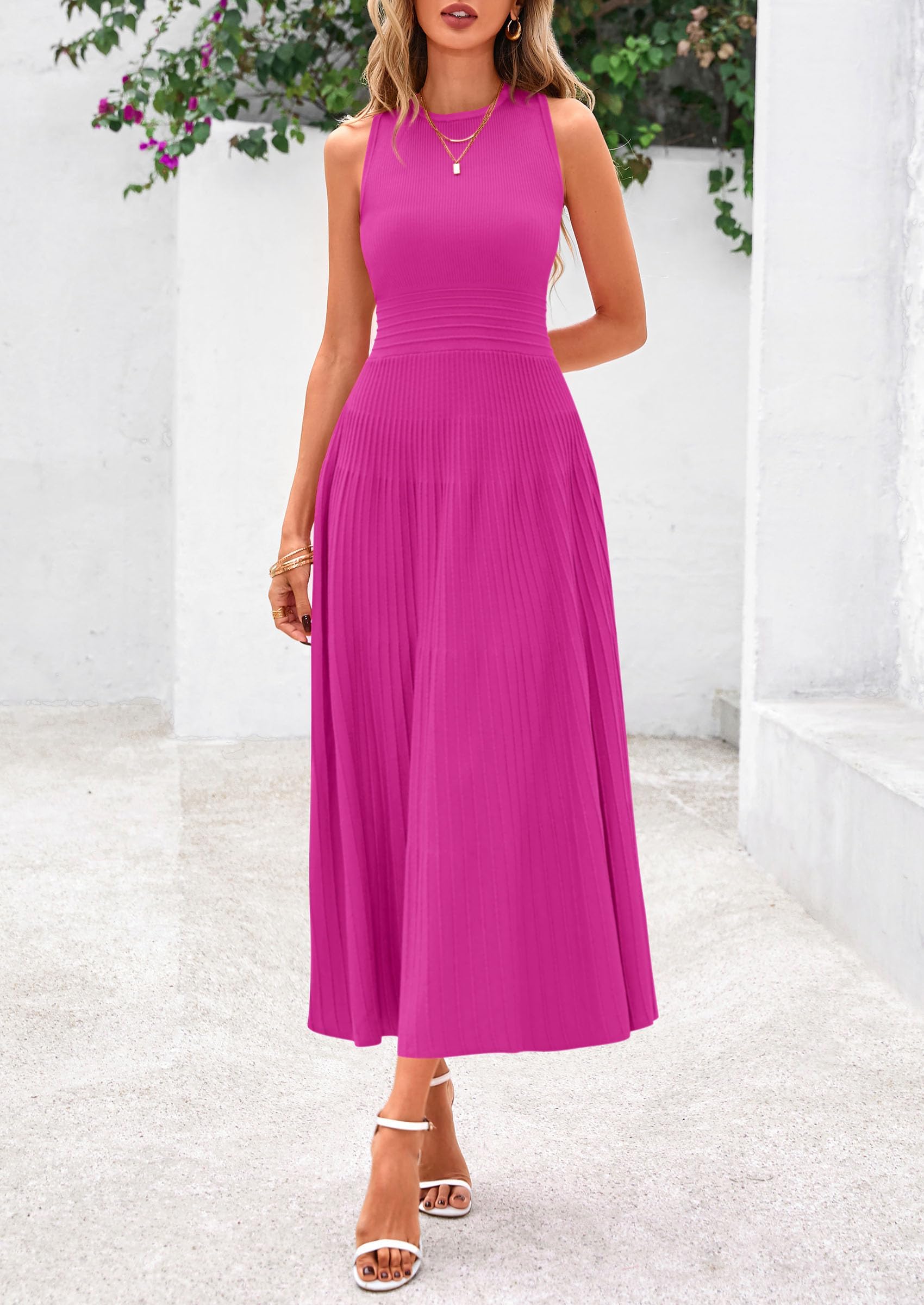 Women's Summer Pleated Midi Work Dress,Rose,S