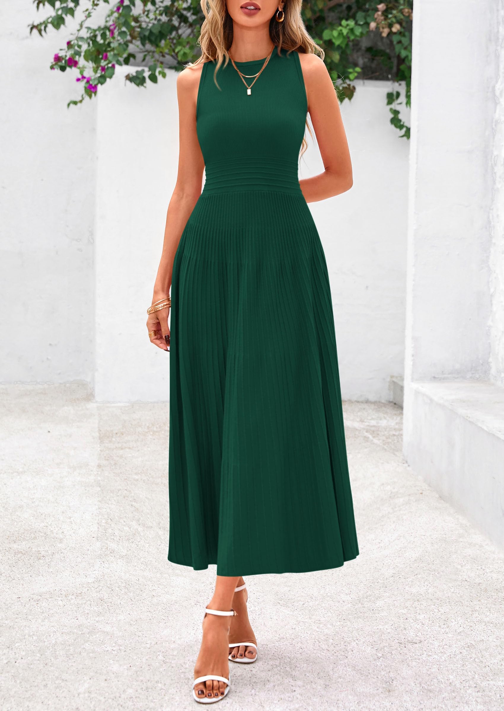 Women's Summer Pleated Midi Work Dress,Dark Green,S
