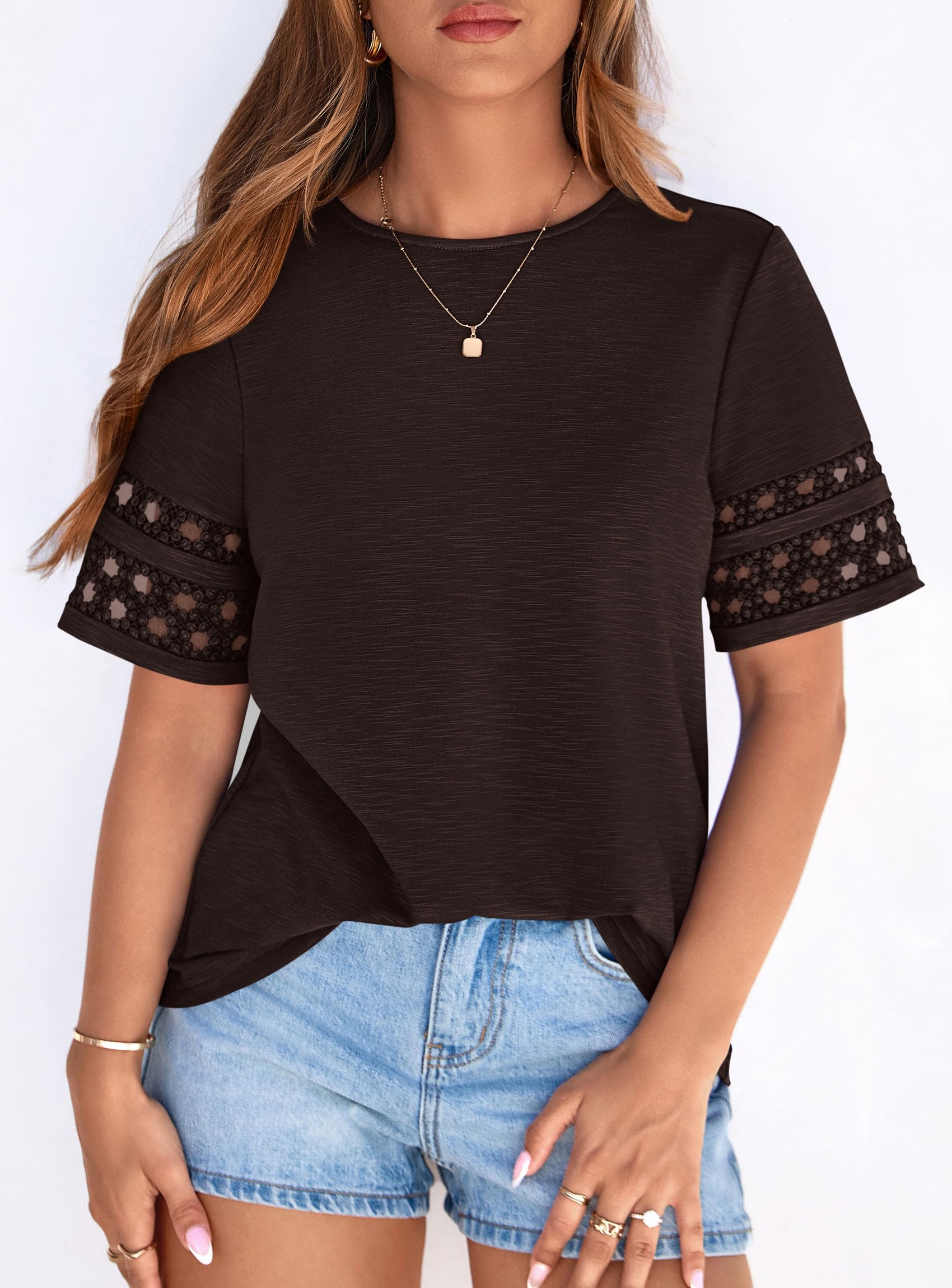 Women's Summer Short Sleeve Lace Trim T-Shirts,Dark Brown,S