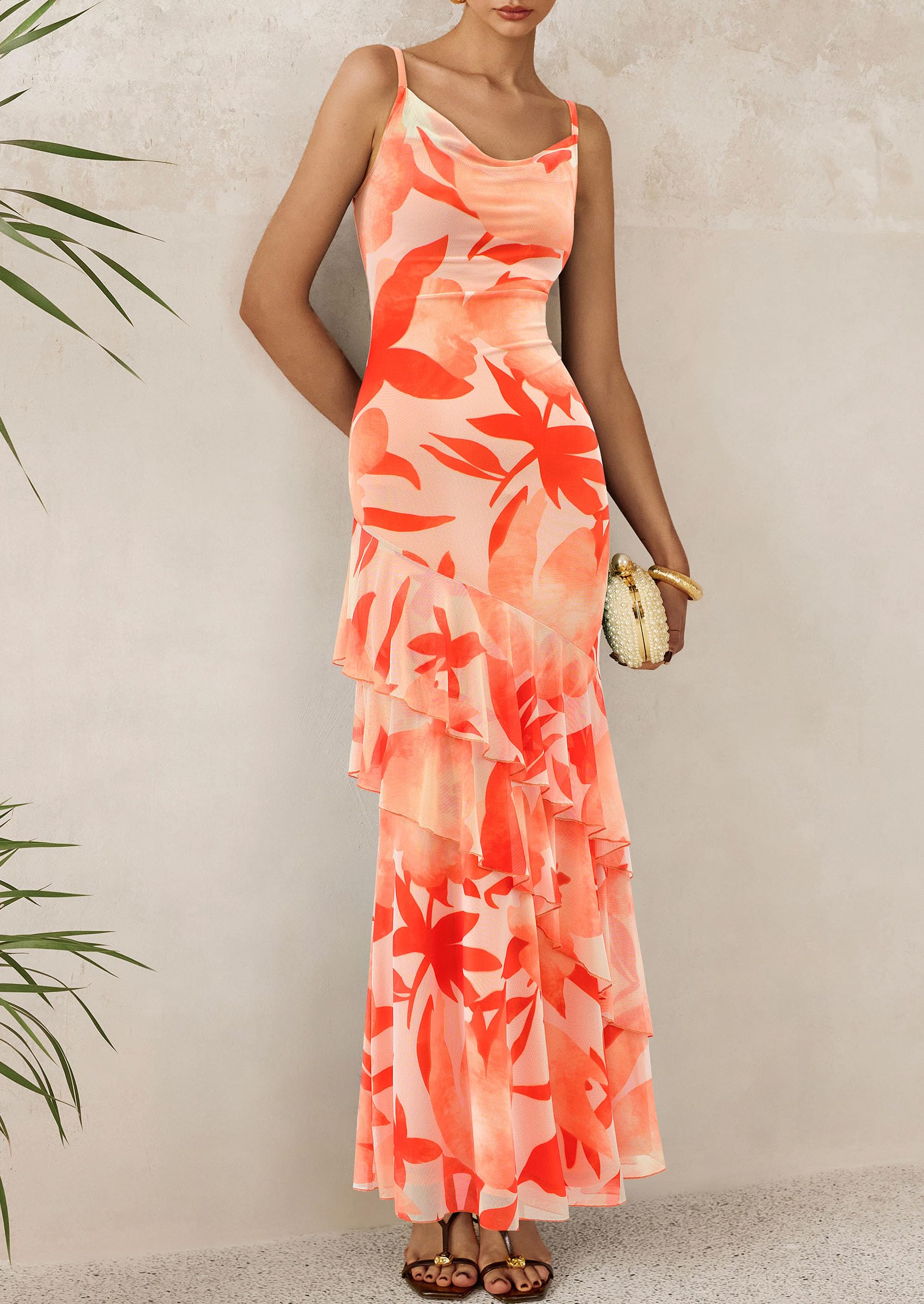 Women's Boho Floral Tiered Maxi Dress, Floral Light Orange,XS