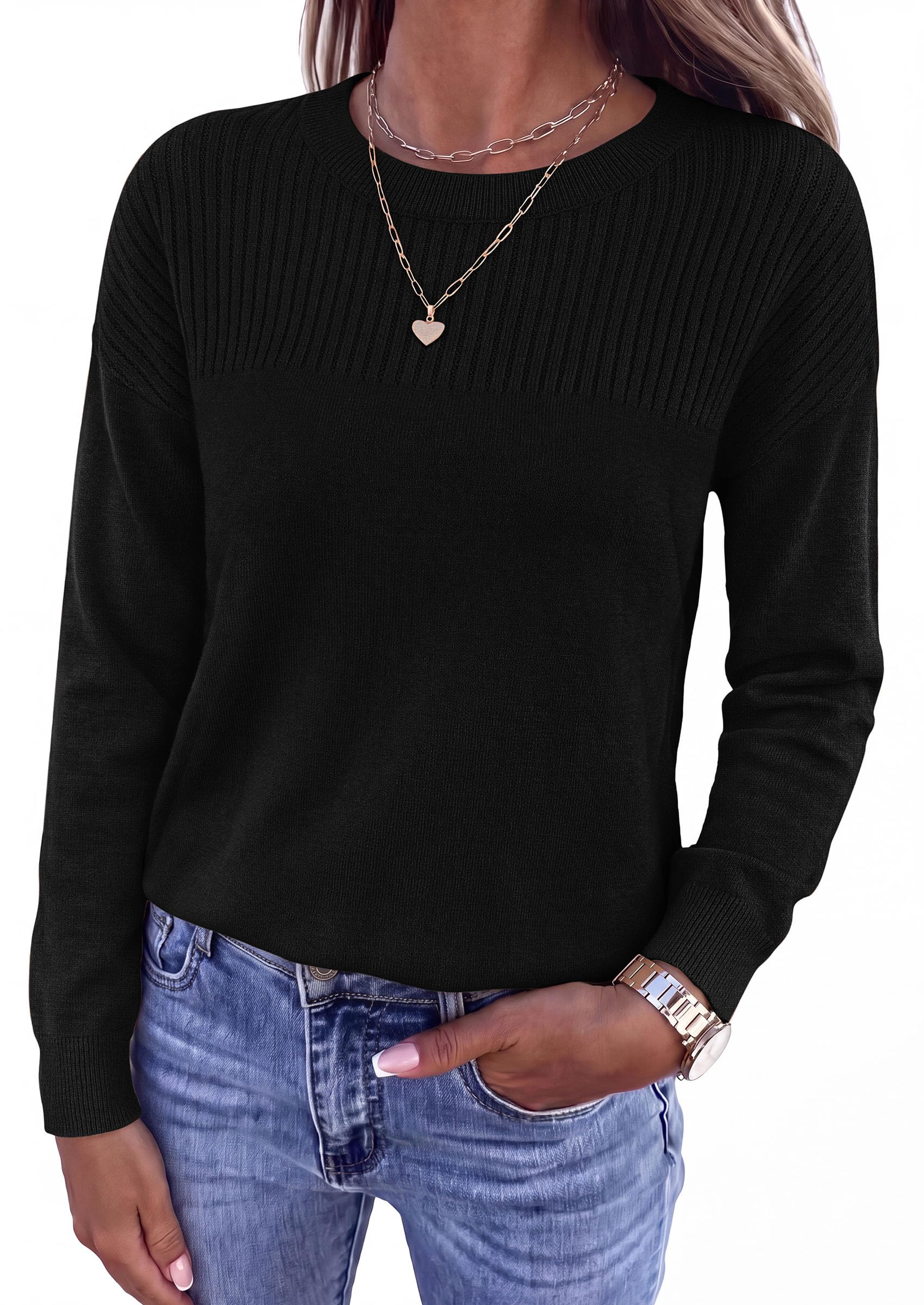 Sweaters for Women Fall Crewneck Knit Cropped Sweater Black