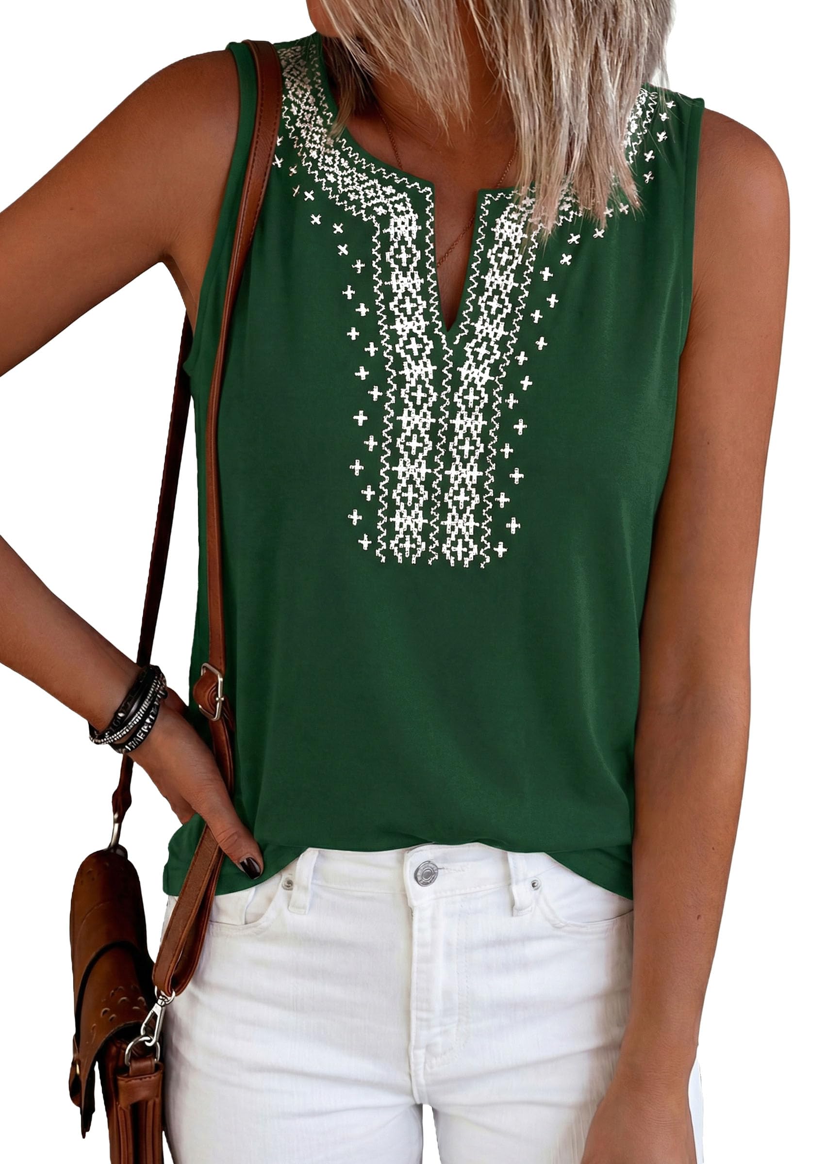 Womens Embroidered Sleeveless Tank Tops Dark Green,S