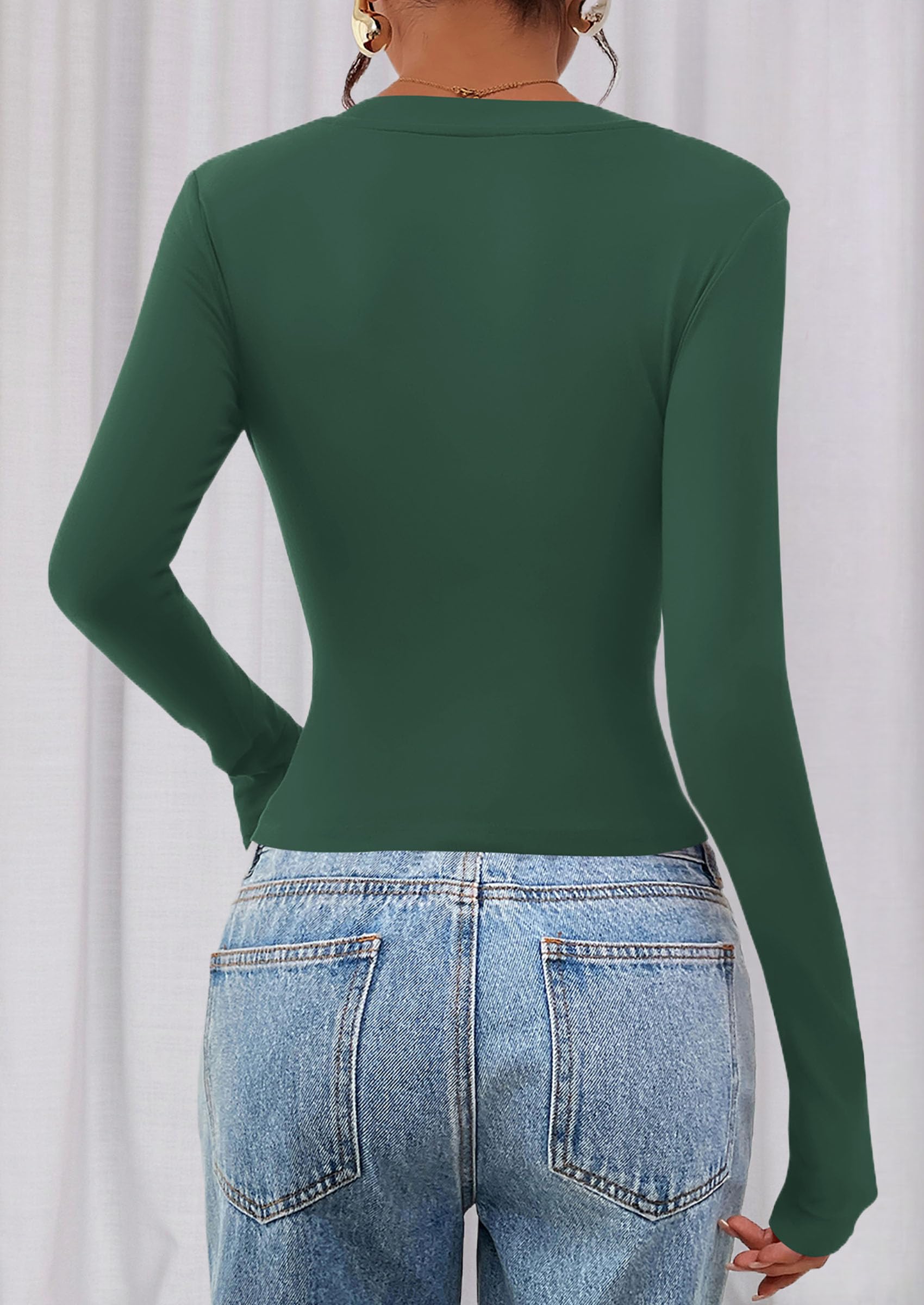 Womens Long Sleeve Slim Fit Crop Tops,Dark Green,XS