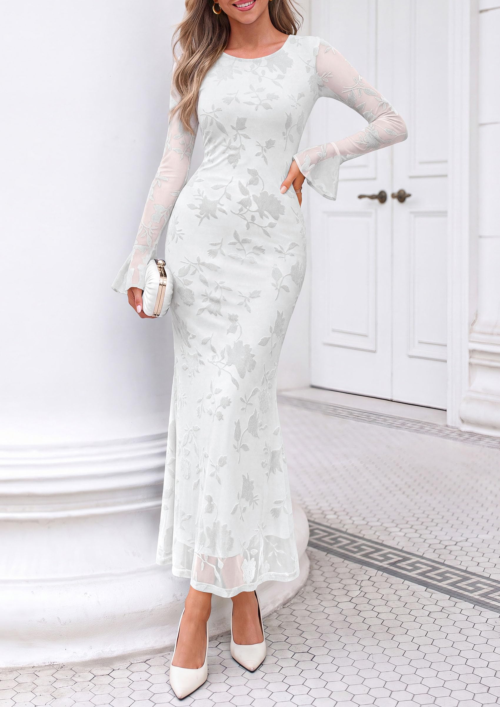 Women's Long Sleeve Maxi Floral Mesh Fall Wedding Guest Dress