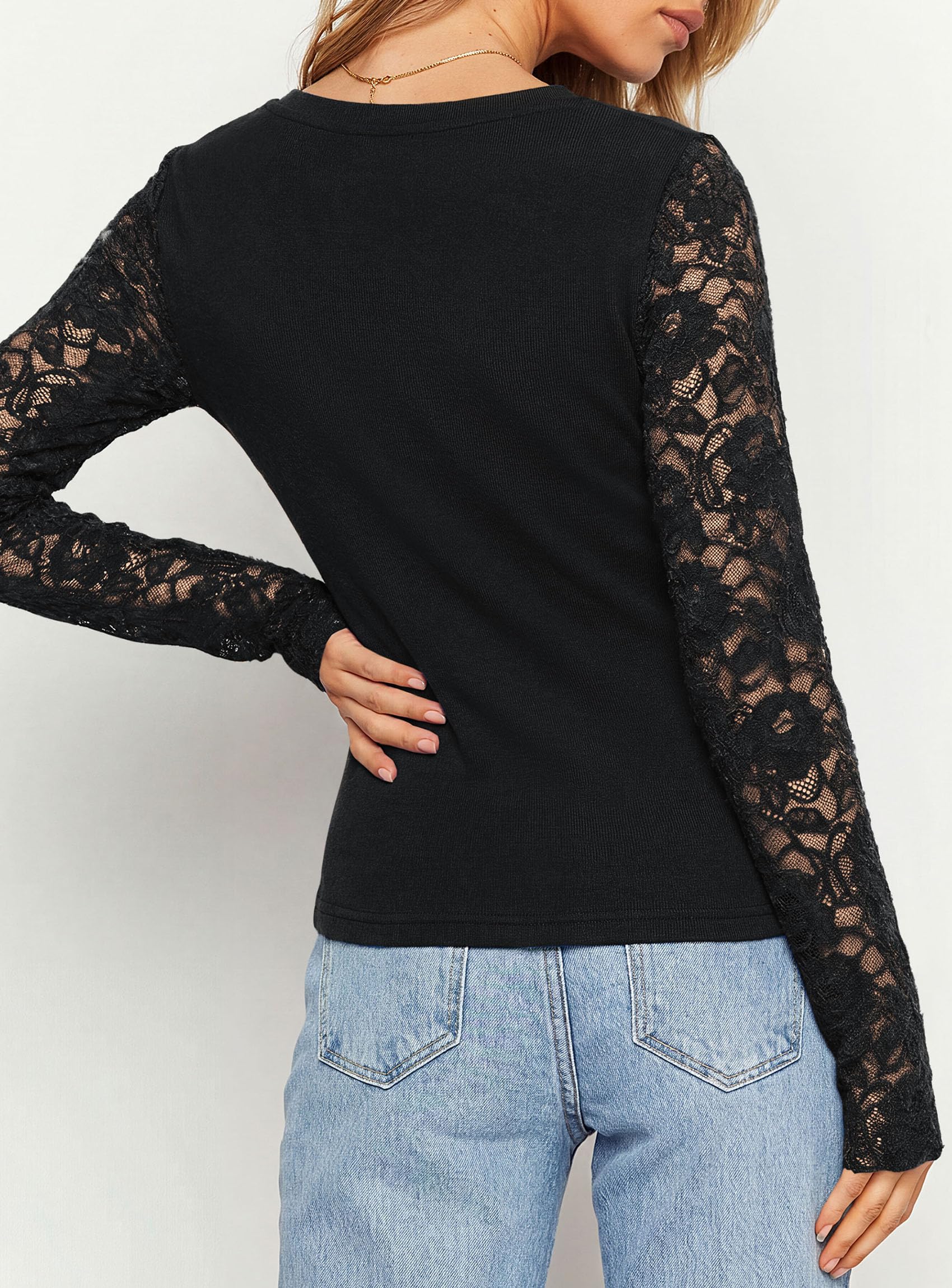 Sheer Lace Raglan Long Sleeve Shirts for Women,Black,S