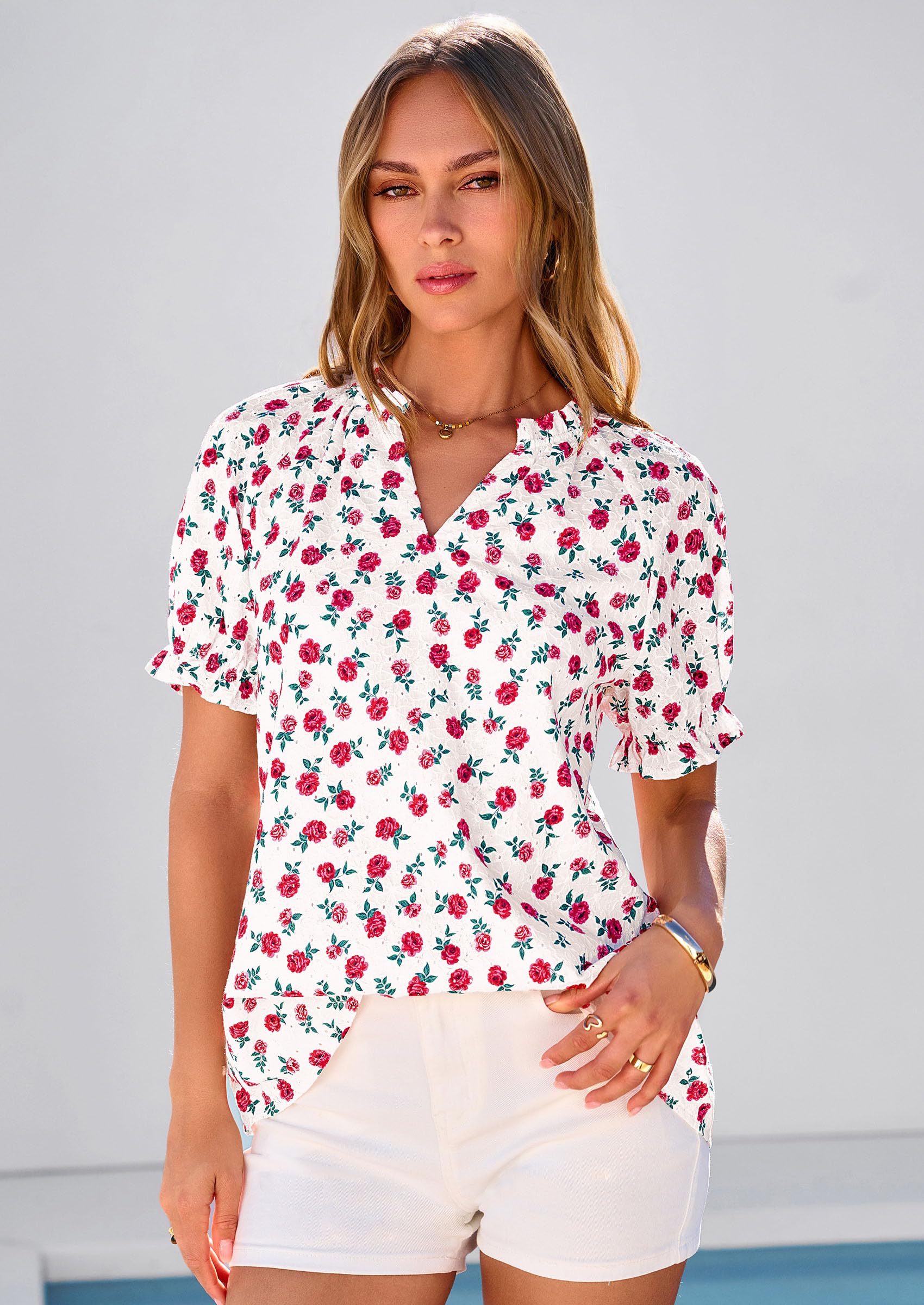 Womens Floral Short Sleeve Blouses,S Rose,S