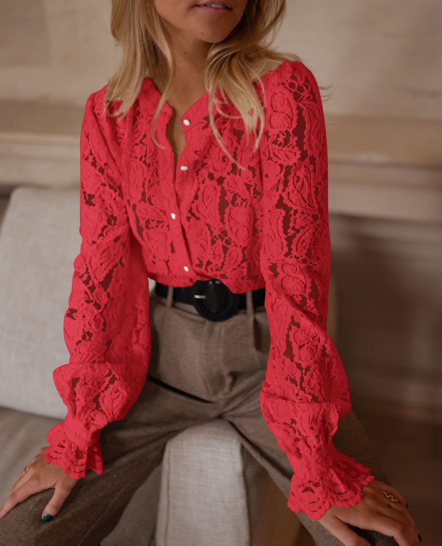 Women's Fall Trendy Long Sleeve Lace Tops(Red,Small)